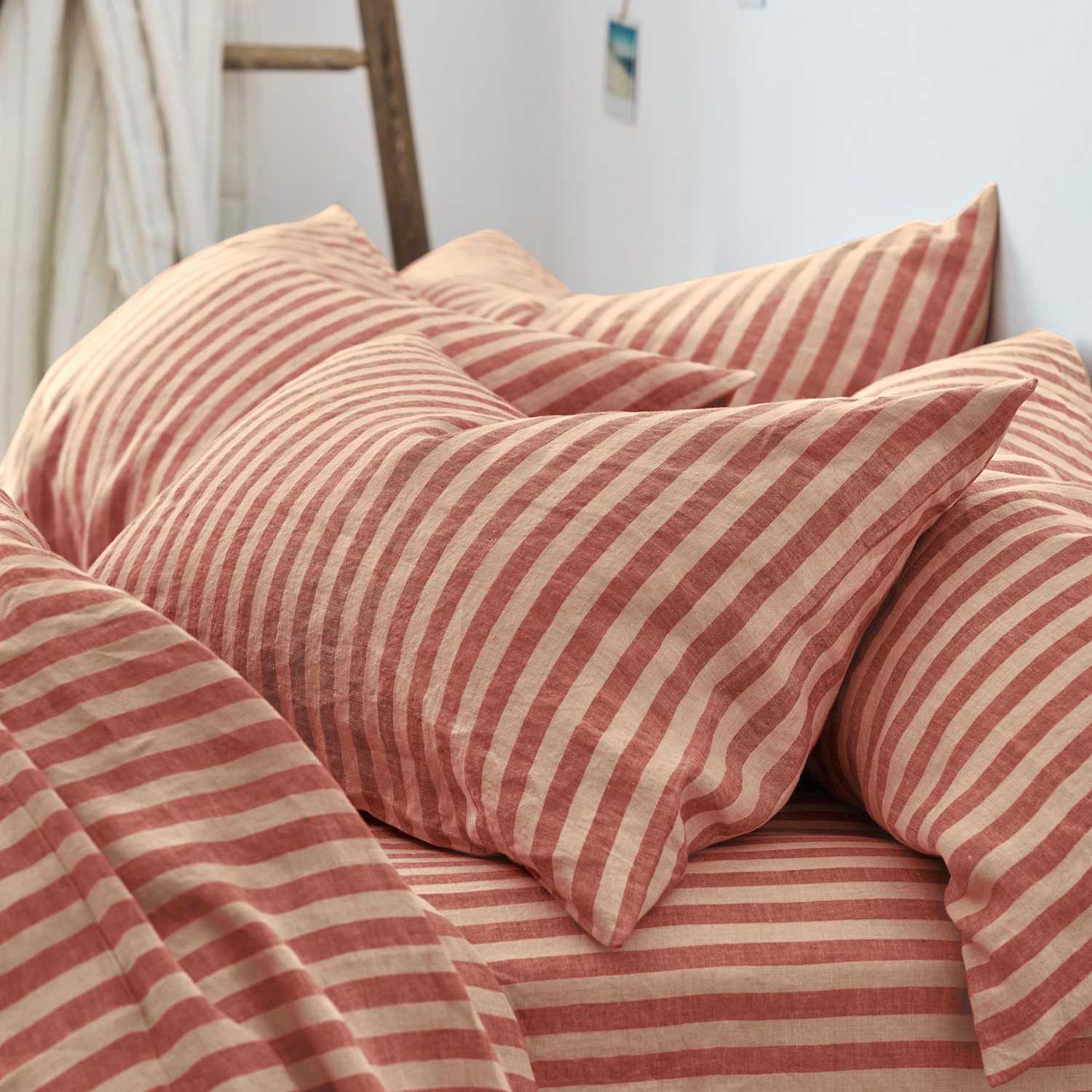 Piglet In Bed 2 Pack Pure Linen Pembroke Stripe Pillowcases - Red Mix - Available at M&S