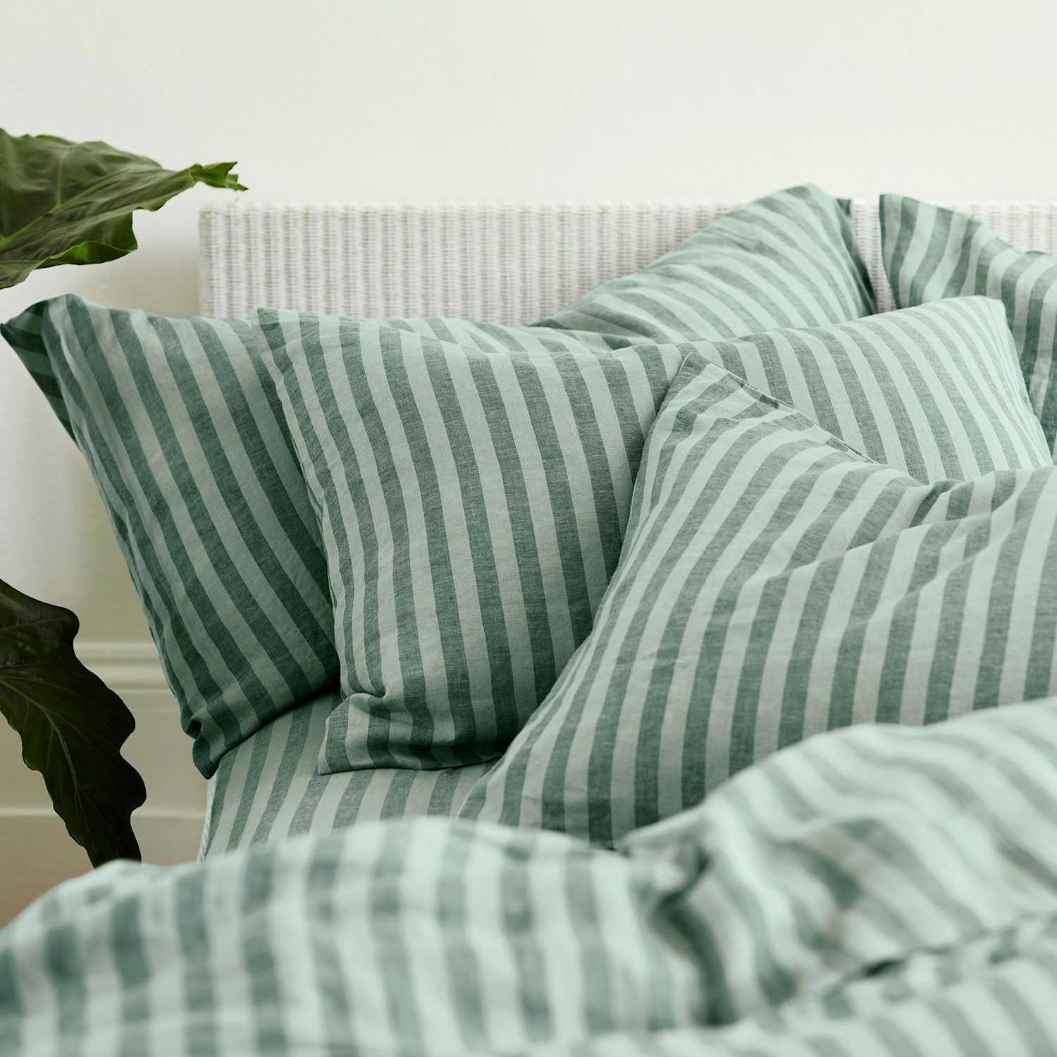 Piglet In Bed 2 Pack Pure Linen Pembroke Stripe Pillowcases - Green Mix - Available at M&S
