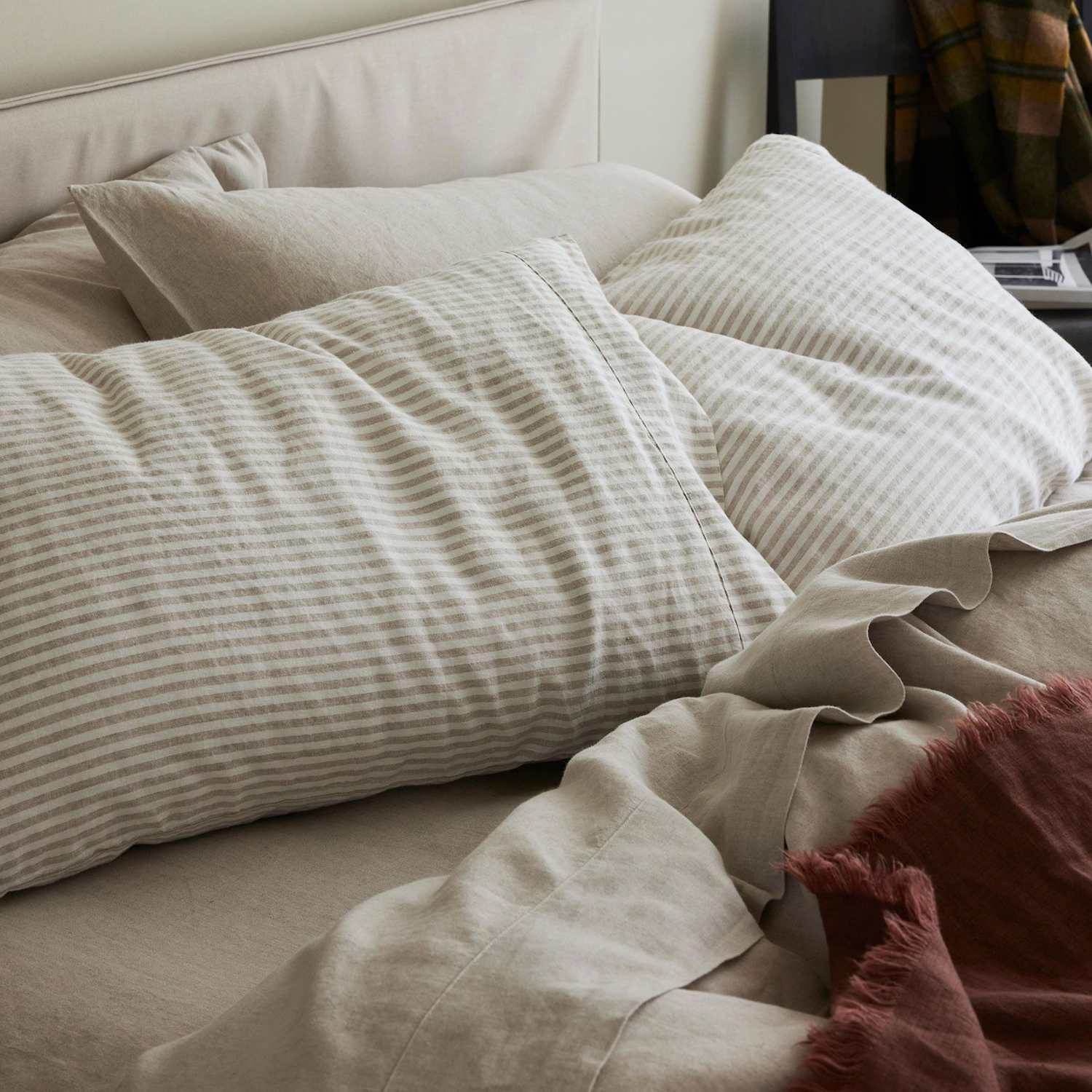Piglet In Bed Pure Linen Striped Pillowcases - Oatmeal Mix - Available at M&S