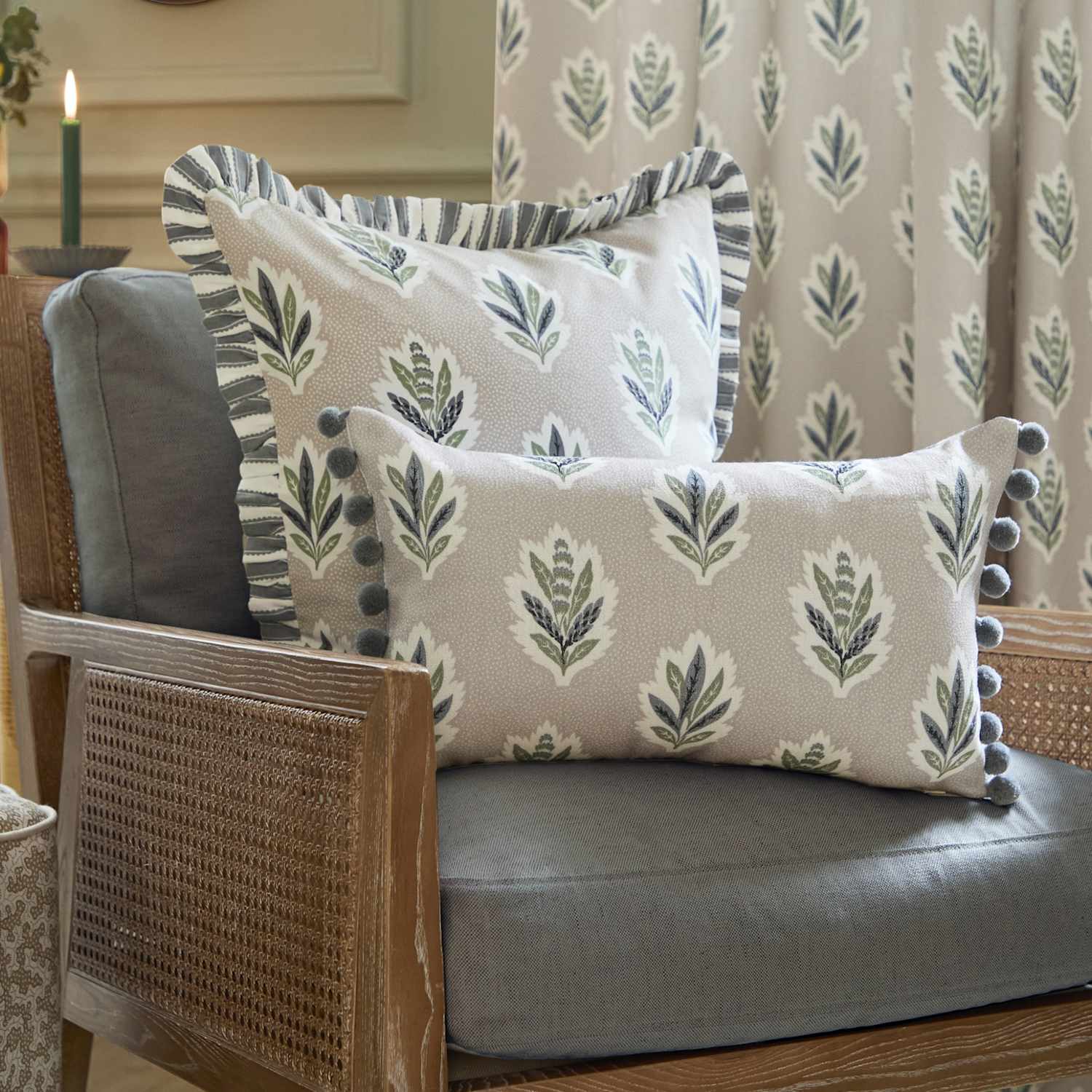 Sanderson Sessile Leaf Striped Pom Pom Cushion - Natural Mix - Available at M&S