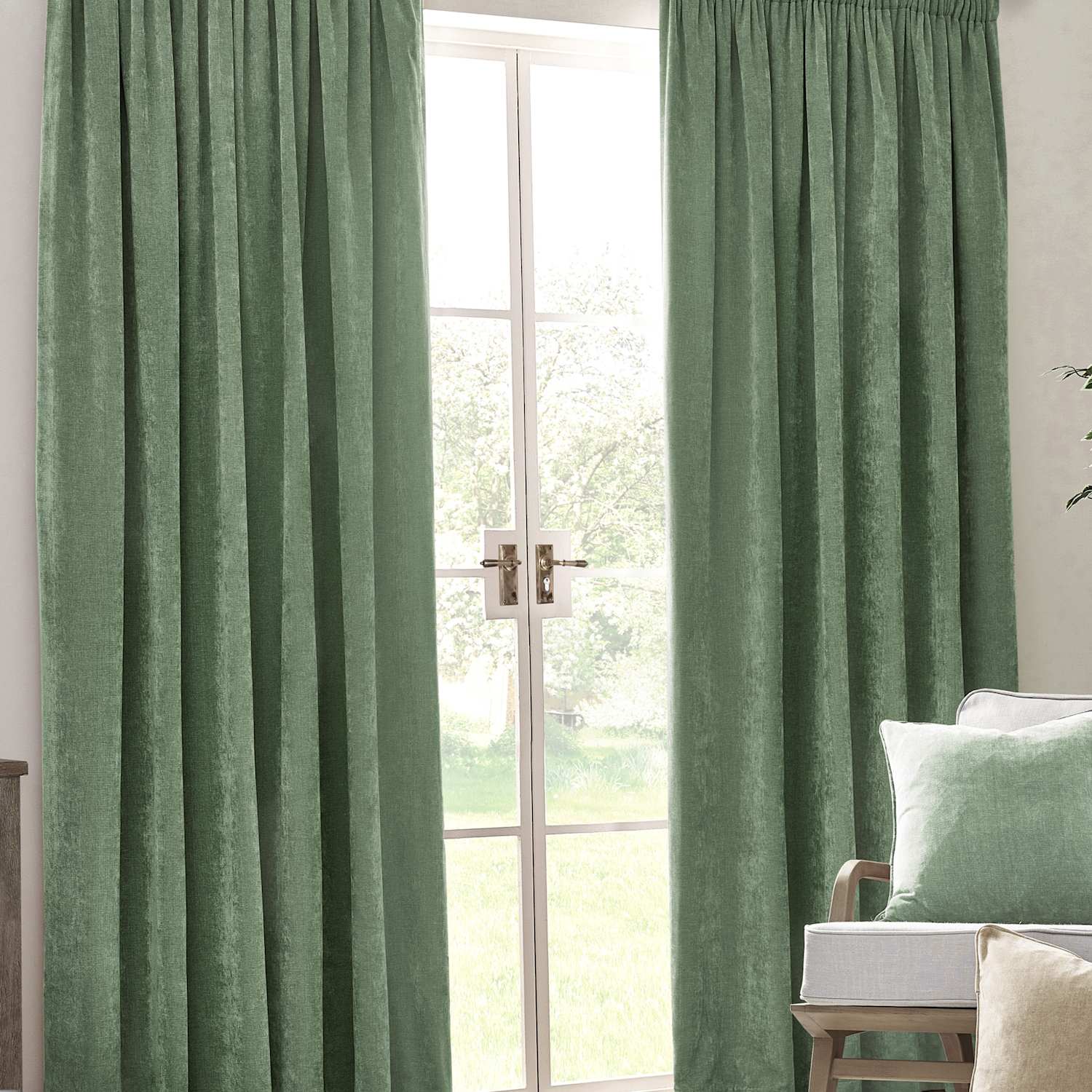 Yard Chenille Velvet Pencil Pleat Curtains - W218cm, Drop 183cm - Light Green - Available at M&S