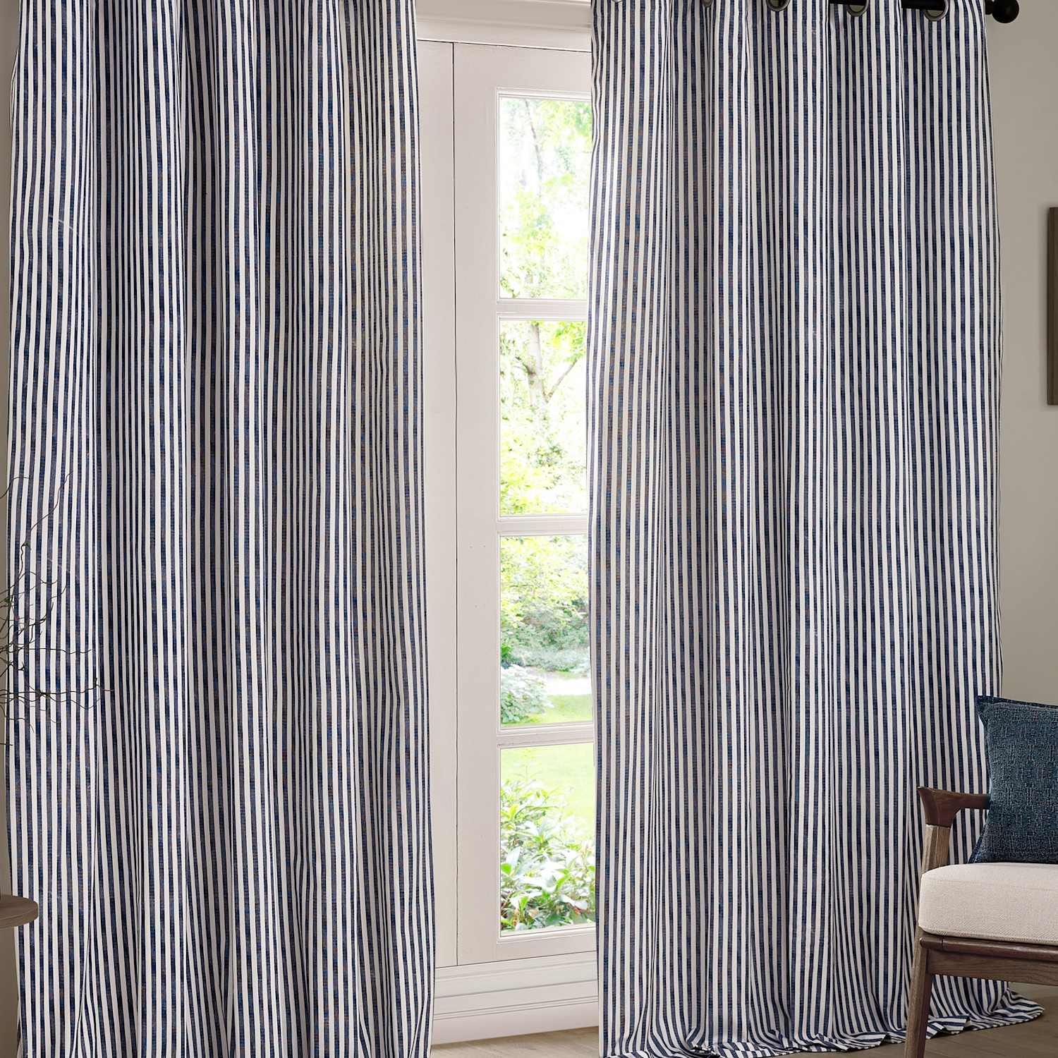 Yard Hebden Pure Cotton Striped Eyelet Curtains - W218cm, Drop 137cm - Navy Mix - Available at M&S