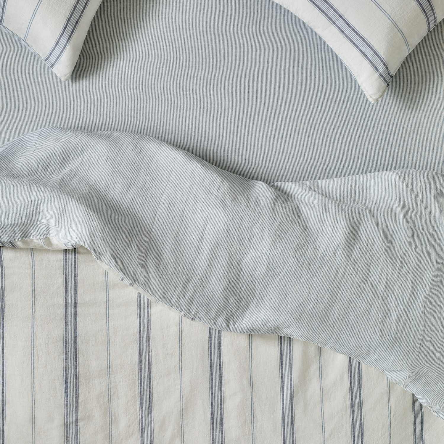 Piglet In Bed Pure Linen Farmhouse Stripe Fitted Sheet - Super King Size (6 ft) - Blue Mix - Available at M&S