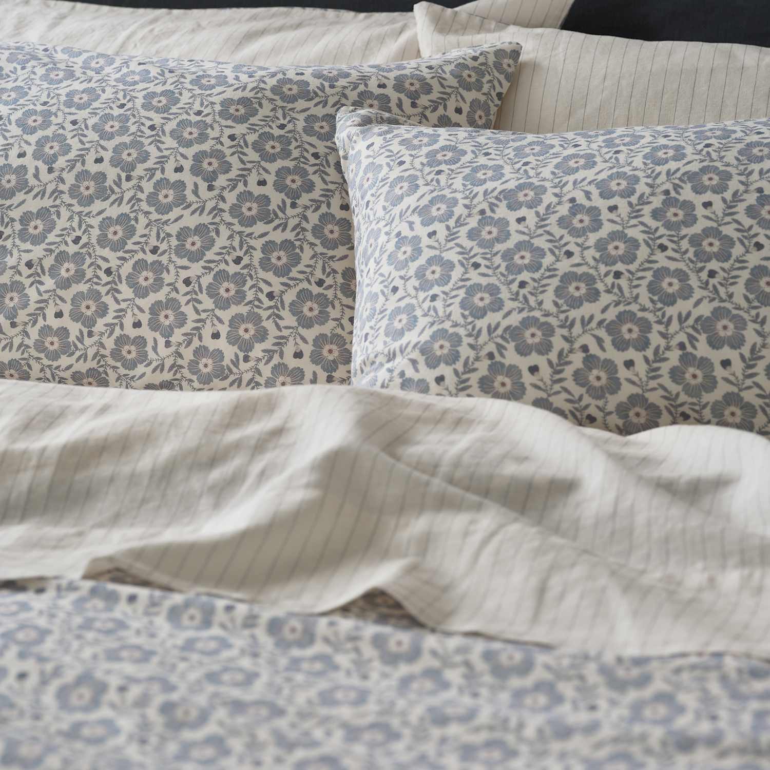 Piglet In Bed 2 Pack Linen Rich Folk Floral Pillowcases - Blue Mix - Available at M&S