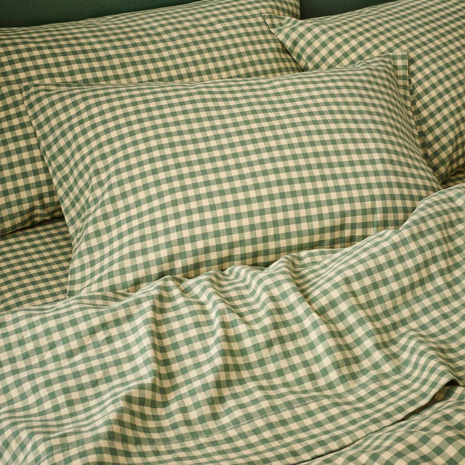 Piglet In Bed 2 Pack Linen Rich Gingham Pillowcases - Green Mix - Available at M&S