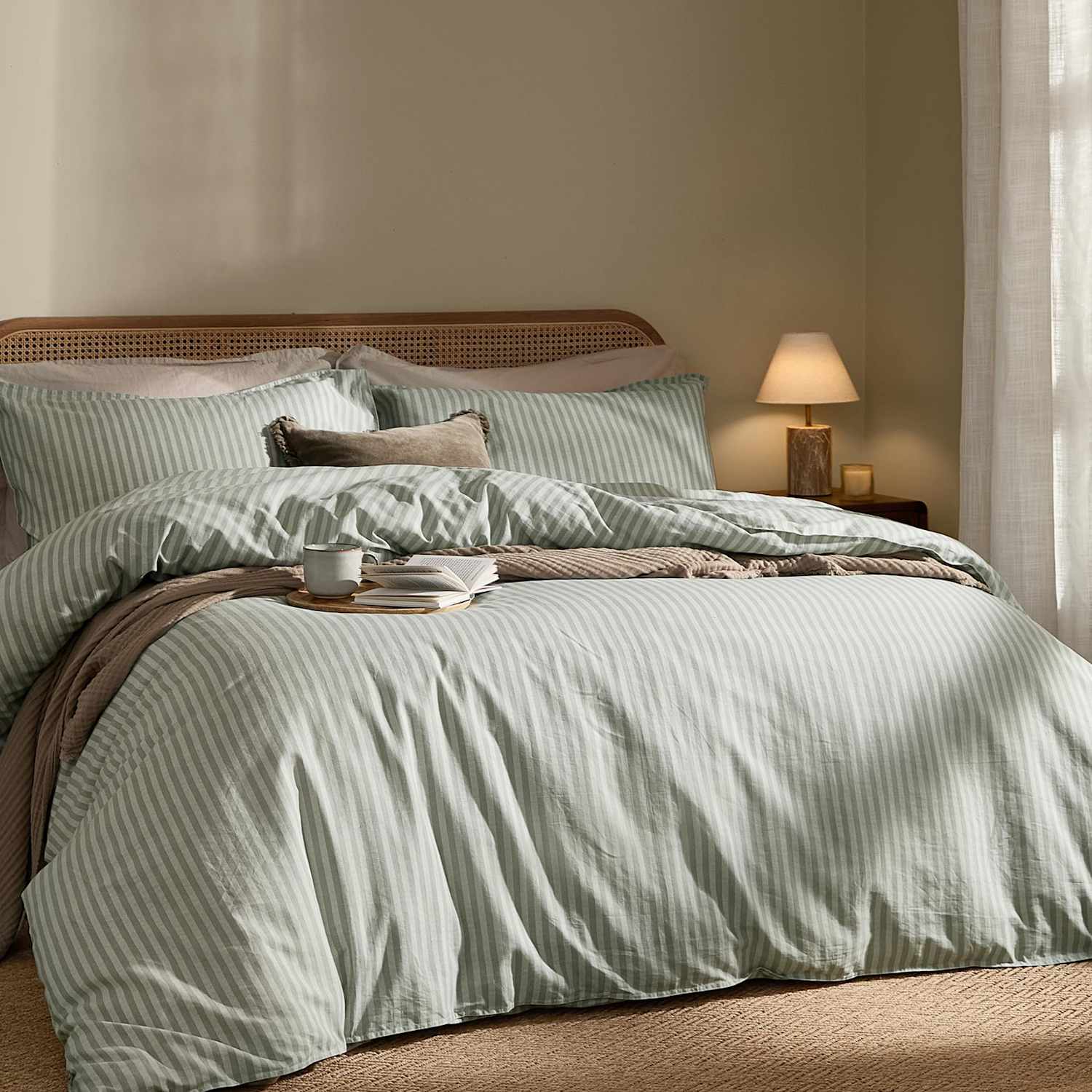 Yard Pure Cotton Marlow Stripe Duvet Cover - Super King Size (6 ft) - Sage Mix - Available at M&S