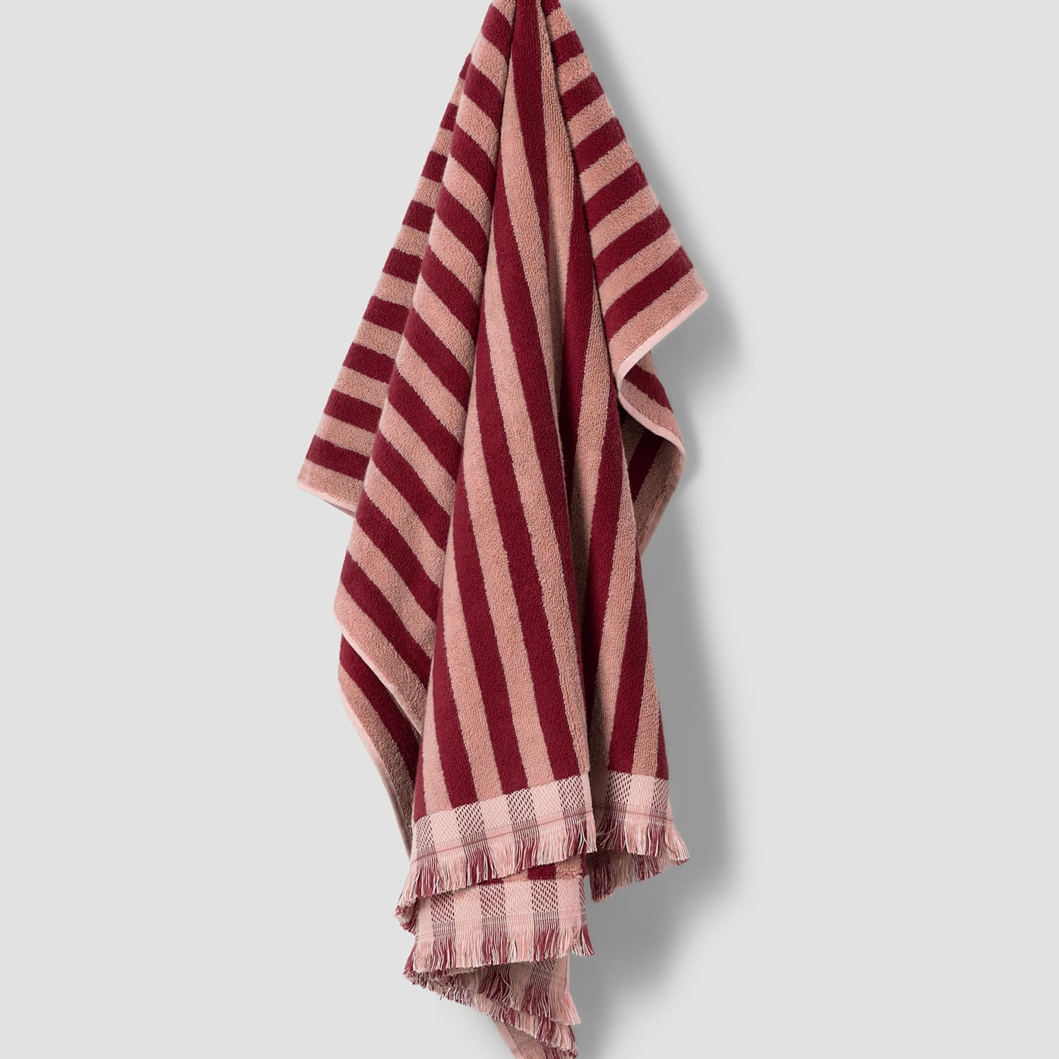 Piglet In Bed Pure Cotton Striped Fringed Towel - Bath Sheet - Burgundy Mix - Available at M&S