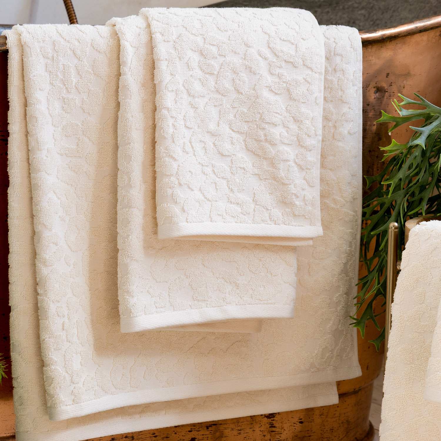 Rockett St George Pure Cotton Leopard Jacquard Towel - Extra Large Bath Sheet - Cream - Available at M&S