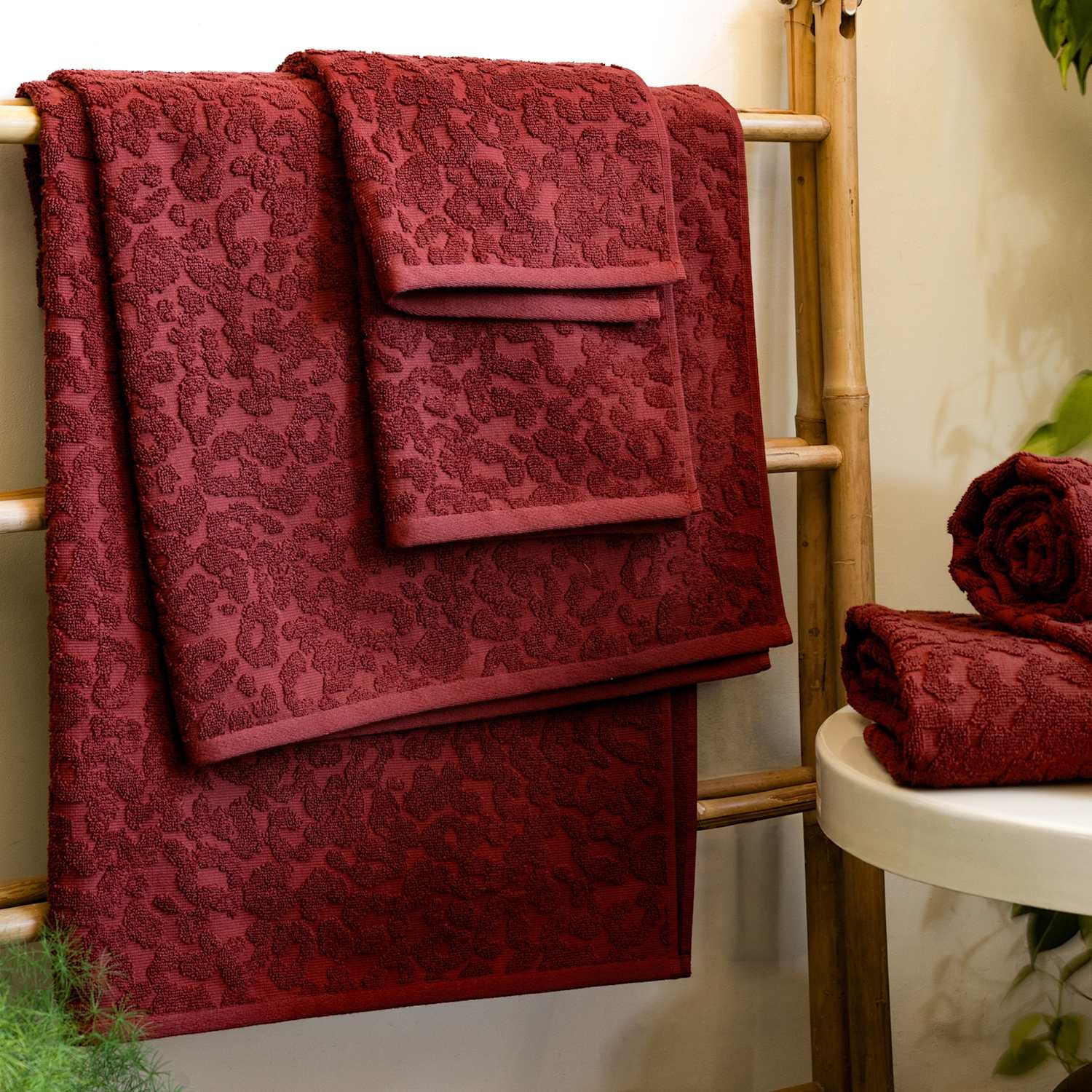 Rockett St George Pure Cotton Leopard Jacquard Towel - Extra Large Bath Sheet - Burgundy - Available at M&S