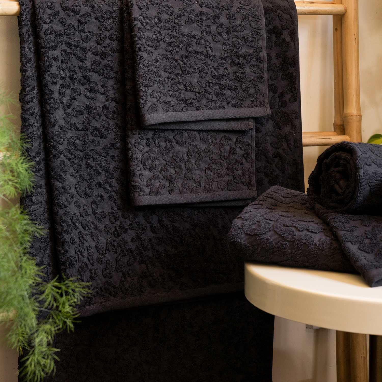 Rockett St George Pure Cotton Leopard Jacquard Towel - Extra Large Bath Sheet - Black - Available at M&S