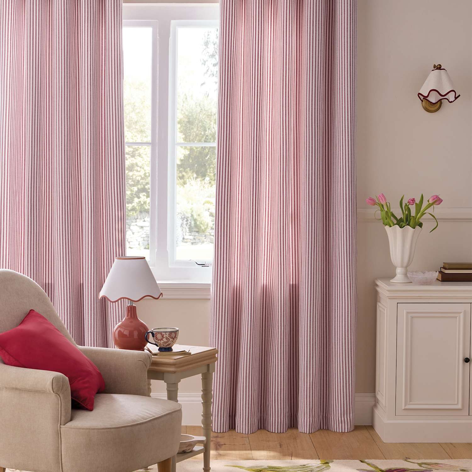 Laura Ashley Cornish Chenille Striped Eyelet Curtains - W168cm, Drop 137cm - Red Mix - Available at M&S