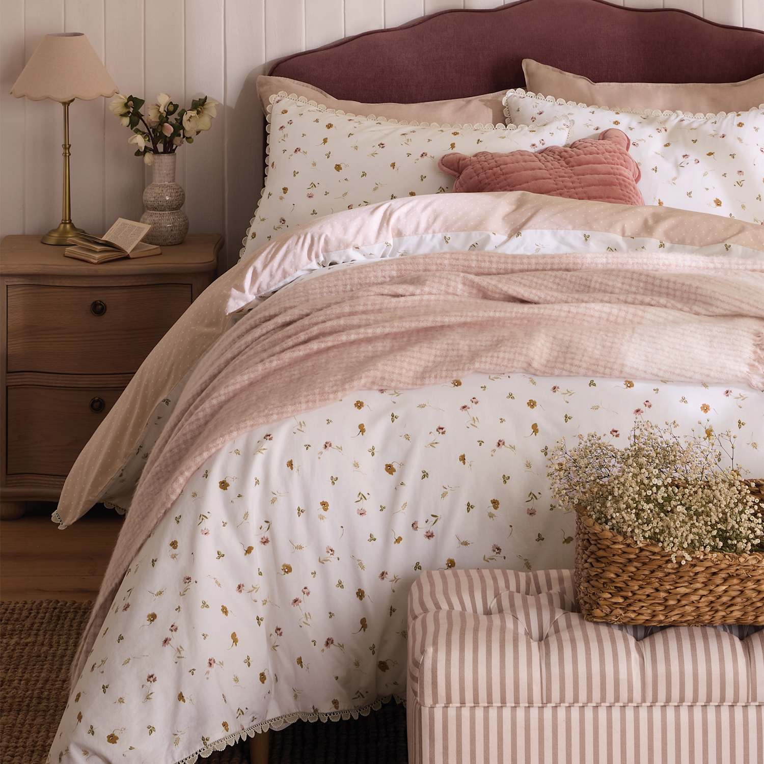 Laura Ashley Pure Cotton Neve Floral Bedding Set - Single (3 ft) - Light Pink Mix - Available at M&S