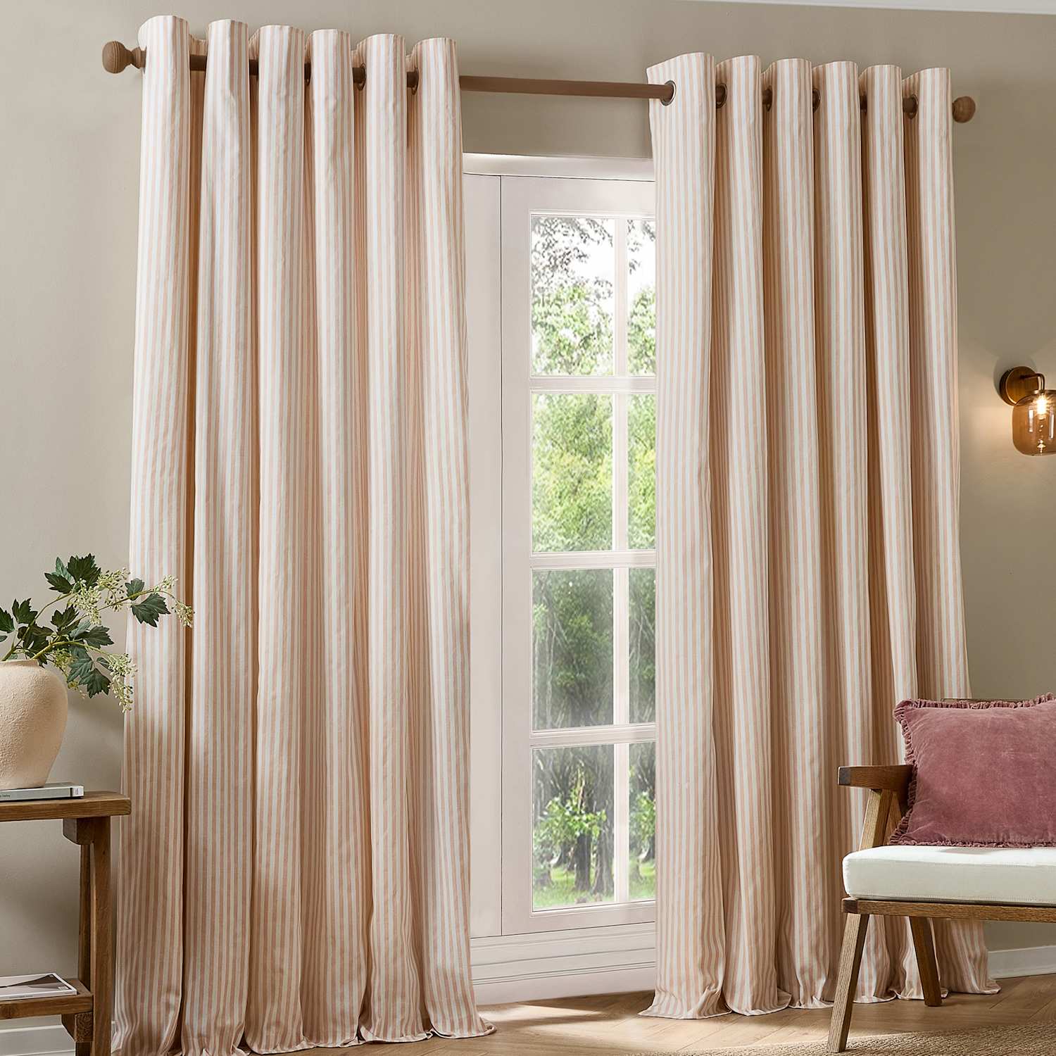 Yard Hebden Pure Cotton Striped Eyelet Curtains - W168cm, Drop 137cm - Pink Mix - Available at M&S