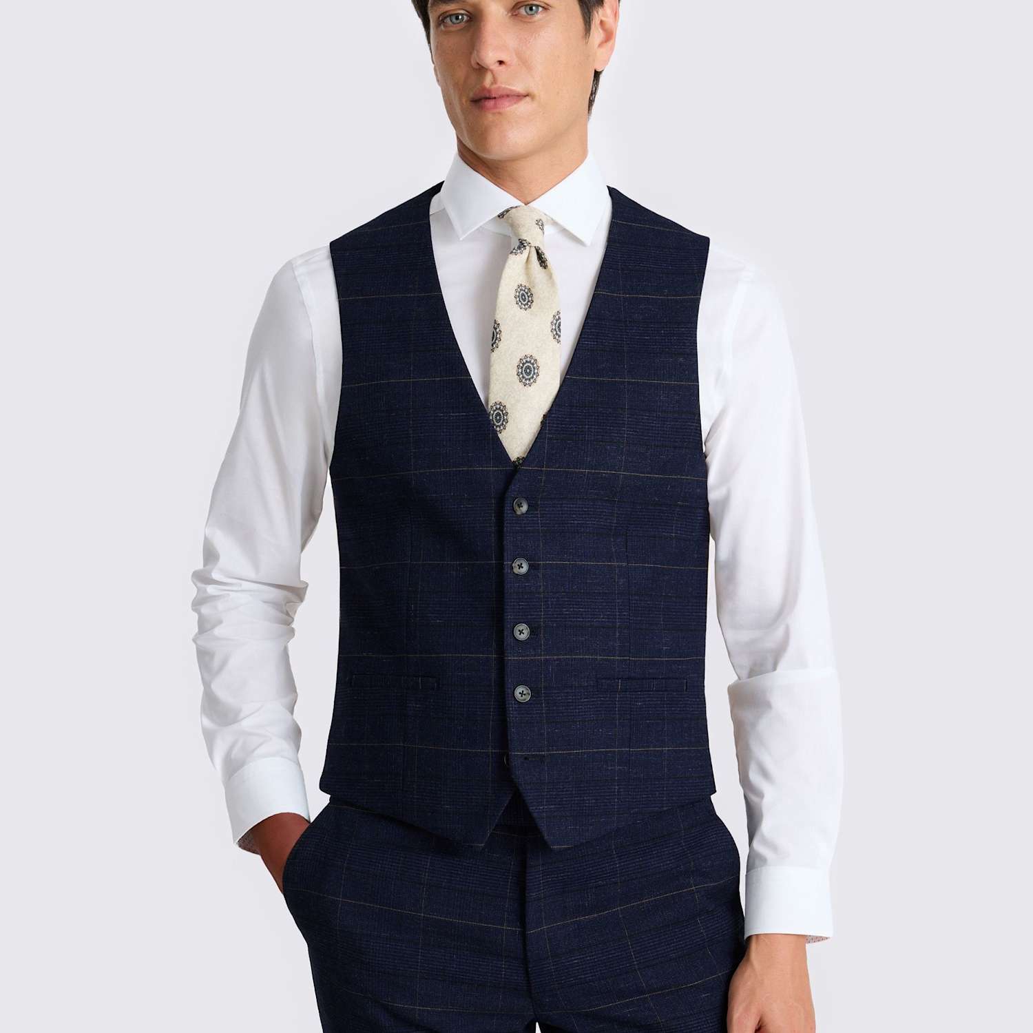 Moss Men's Slim Fit Check Stretch Waistcoat - 34 - Navy Mix - Available at M&S