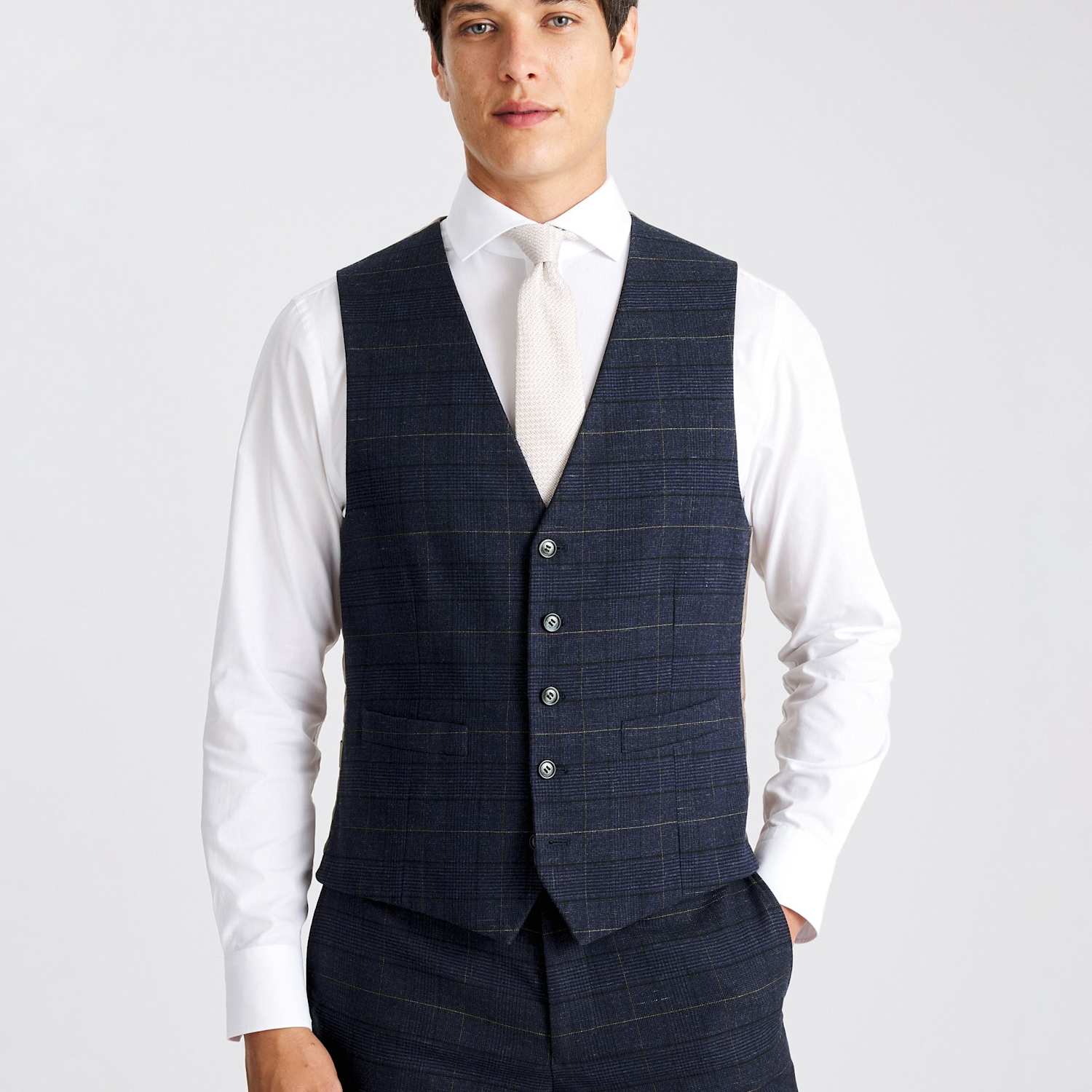 Moss Men's Tailored Fit Check Waistcoat - 38 - Navy Mix - Available at M&S