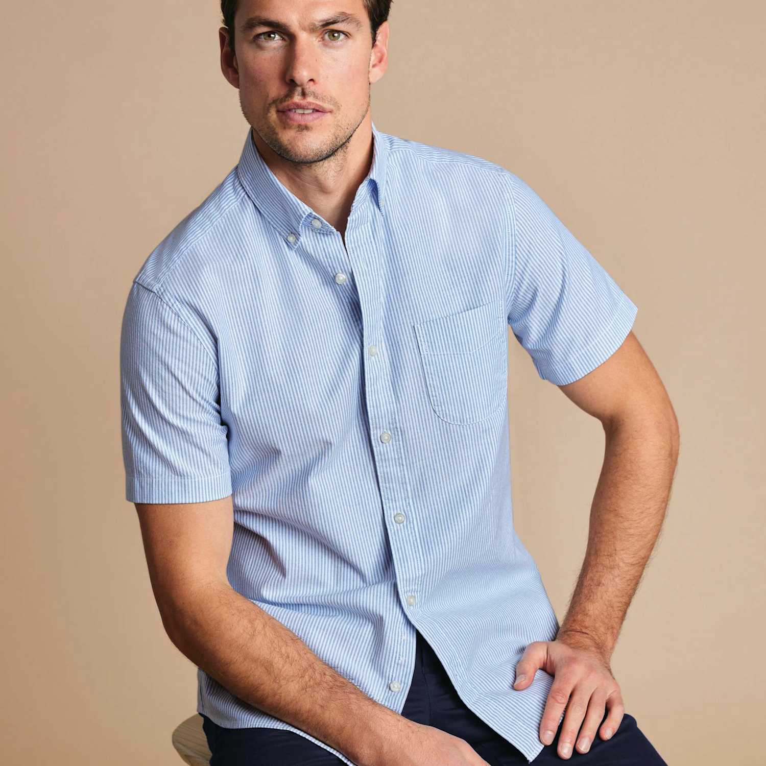 Charles Tyrwhitt Men's Short Sleeve Button Down Oxford Shirt - M - Blue Mix - Available at M&S