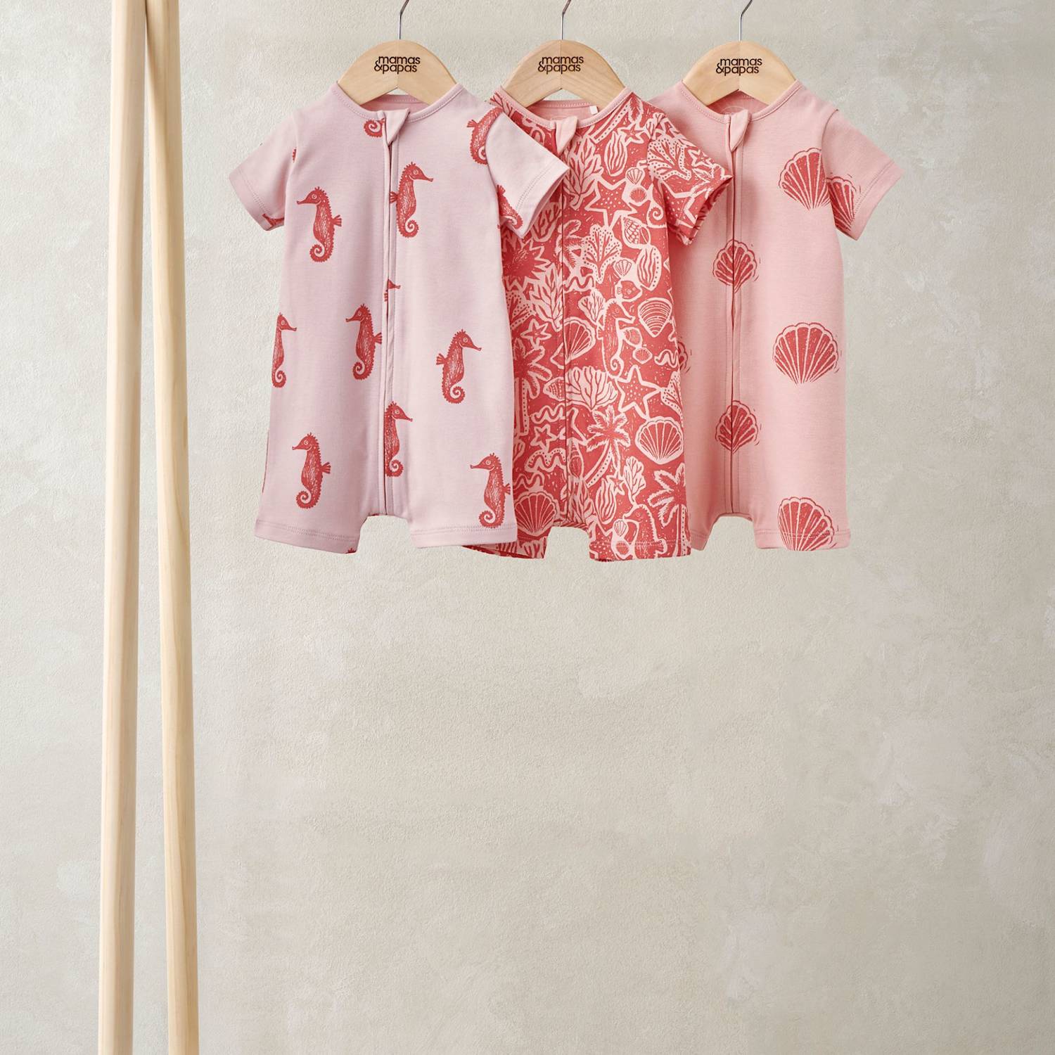Mamas & Papas Girls 3 Pack Pure Cotton Seahorse Zip Rompers (0-18 Months) - Newborn - Pink - Available at M&S