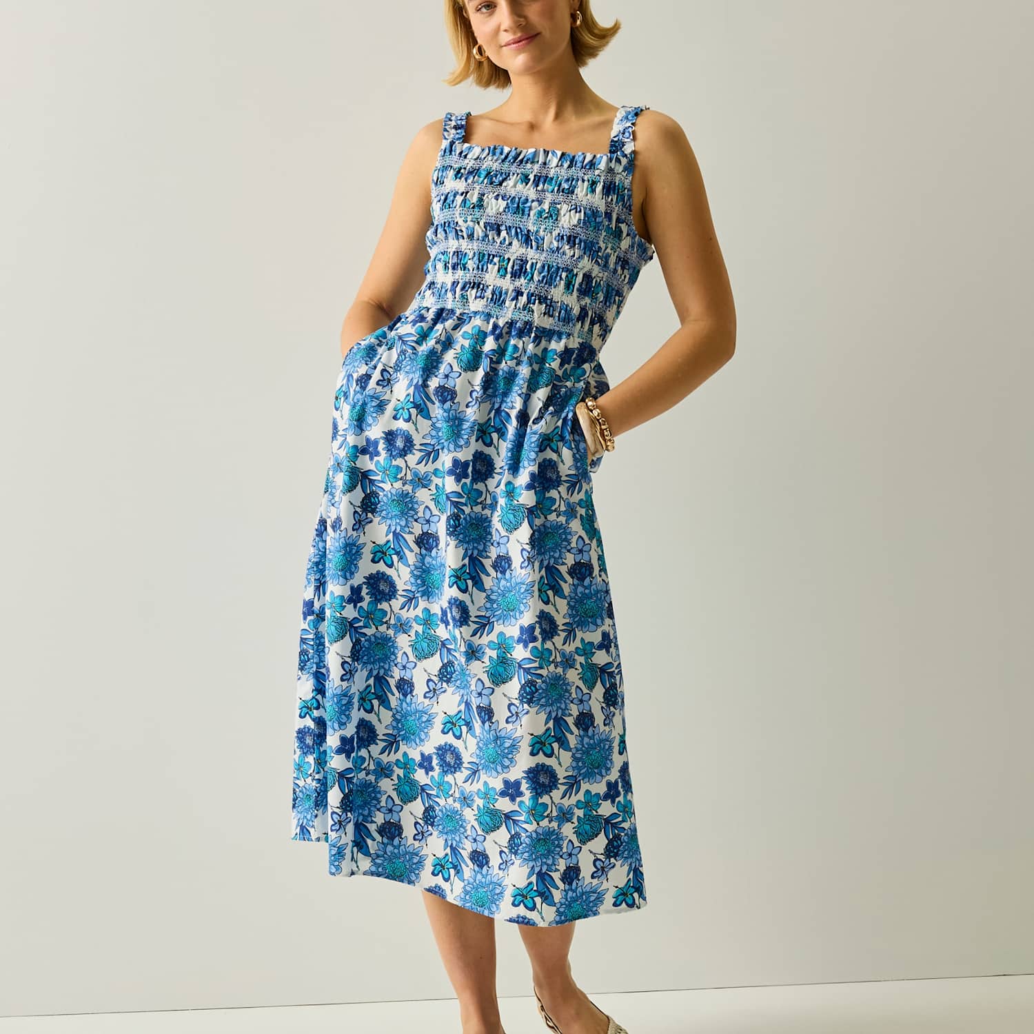 Regatta Women's Matira Pure Cotton Floral Midi Shirred Dress - 10 - Blue Mix - Available at M&S