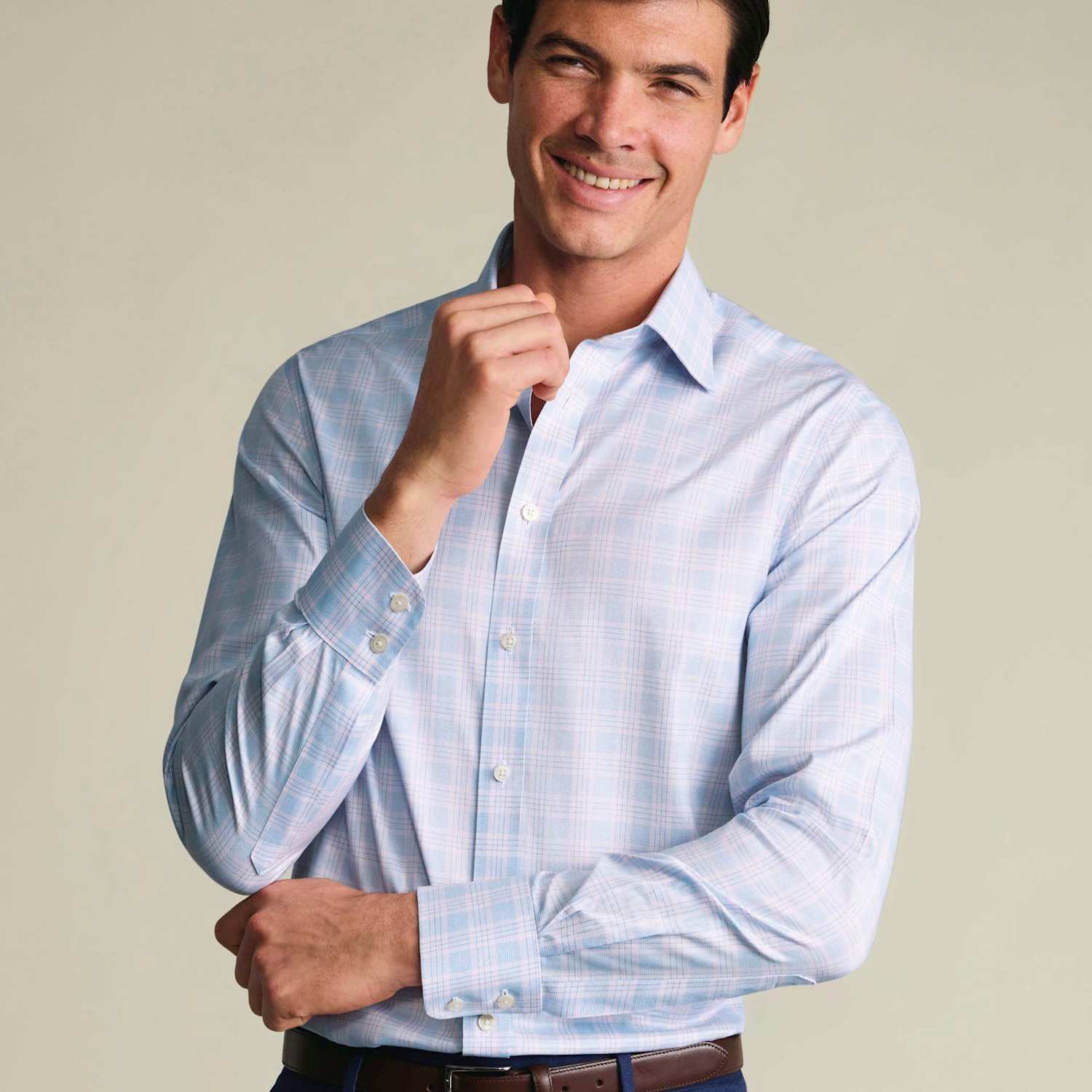 Charles Tyrwhitt Men's Slim Fit Non-Iron Pure Cotton Prince of Wales Shirt - 16½/35in - Light Blue Mix - Available at M&S