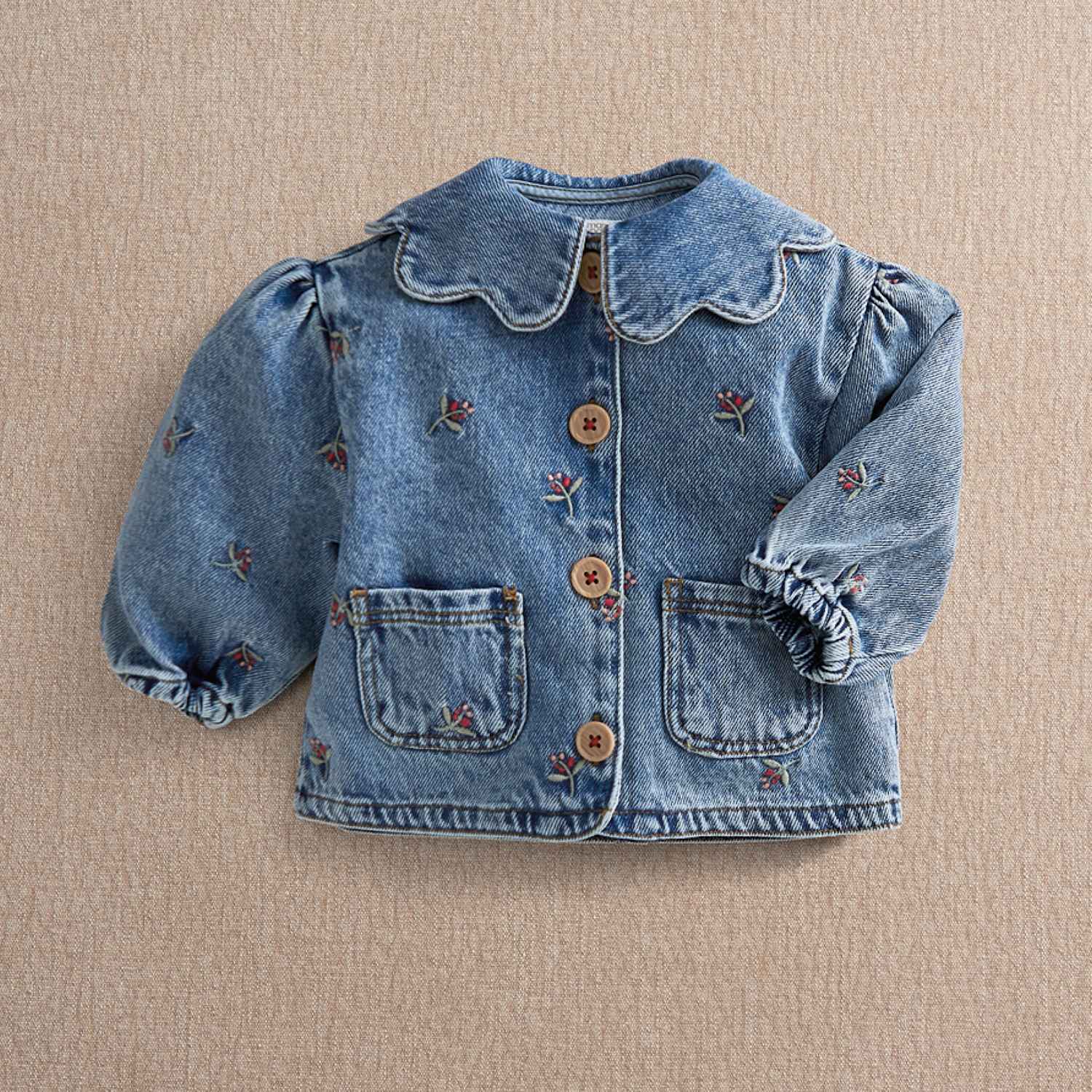Mamas & Papas Girls Denim Berry Embroidered Jacket (3-36 Mths) - 6-9 Months - Blue - Available at M&S