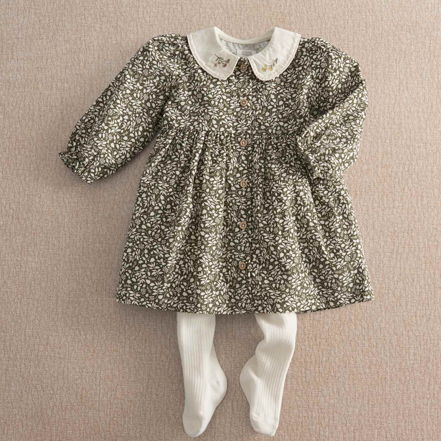 Mamas & Papas Girls Leaf Print Dress And Tights Set - 9-12 Months - Green - Available at M&S