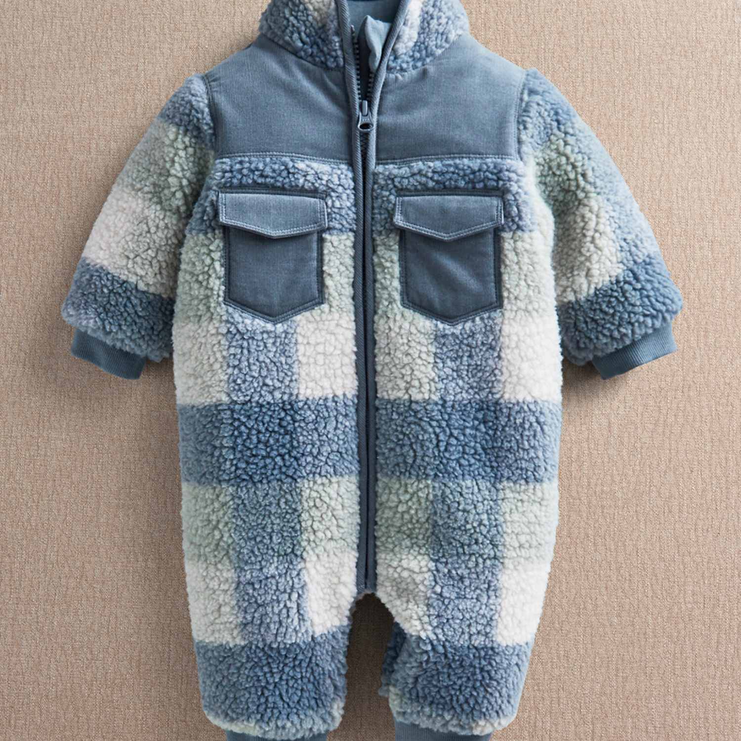 Mamas & Papas Boys Borg Checked Padded Pramsuit (0-12 Mths) - 3-6 Months - Blue - Available at M&S