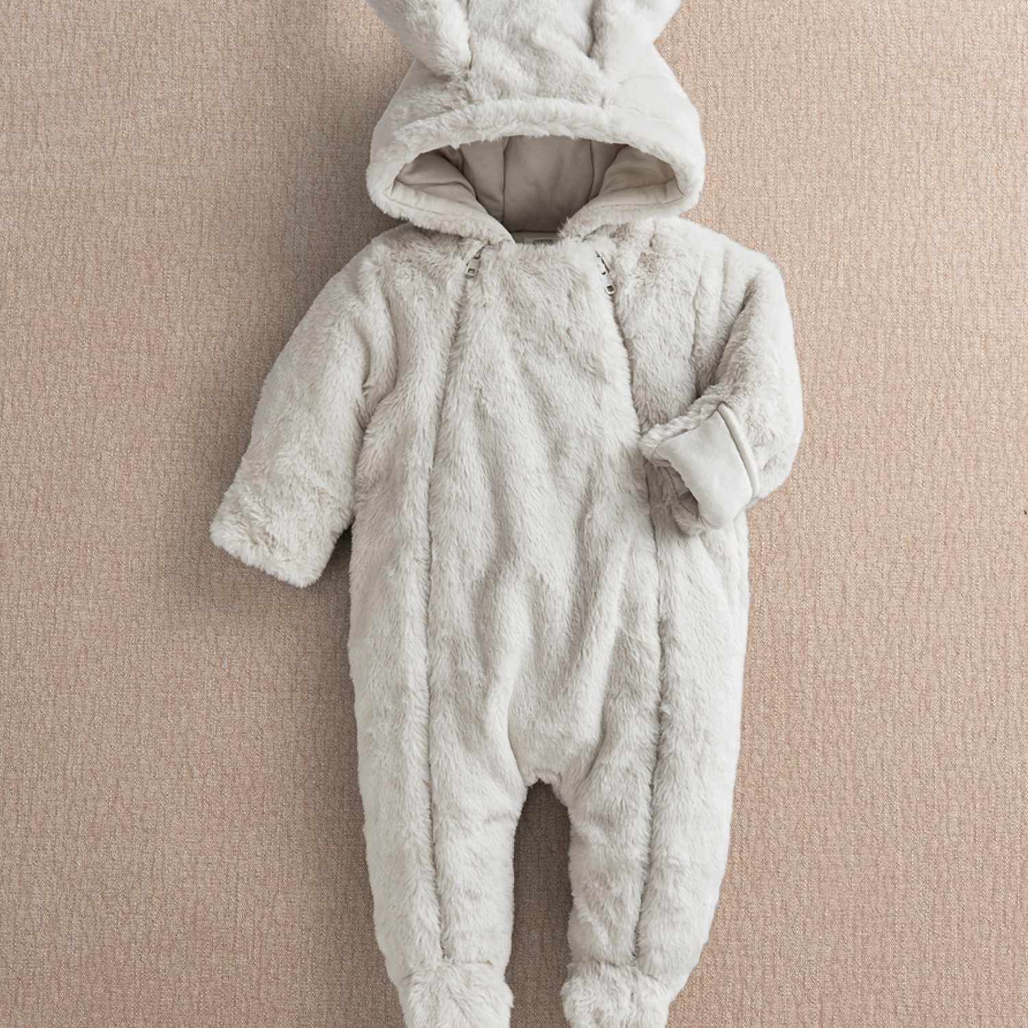Mamas & Papas Kids Faux Fur Bunny Hooded Padded Pramsuit (0-12 Mths) - 9-12 Months - Grey - Available at M&S