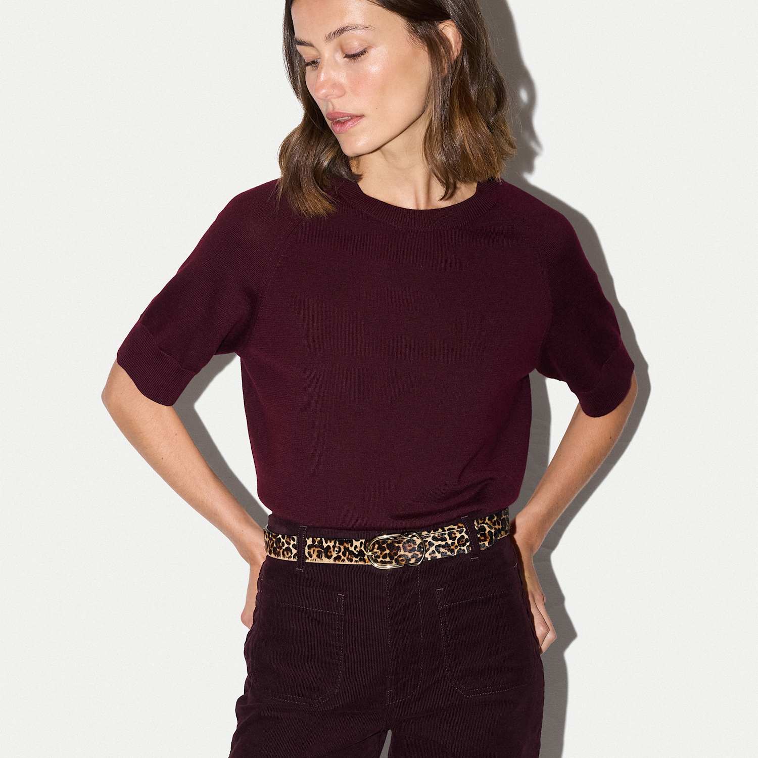Jigsaw Women's Round Neck Regular Fit T-Shirt - Small - Burgundy - Available at M&S