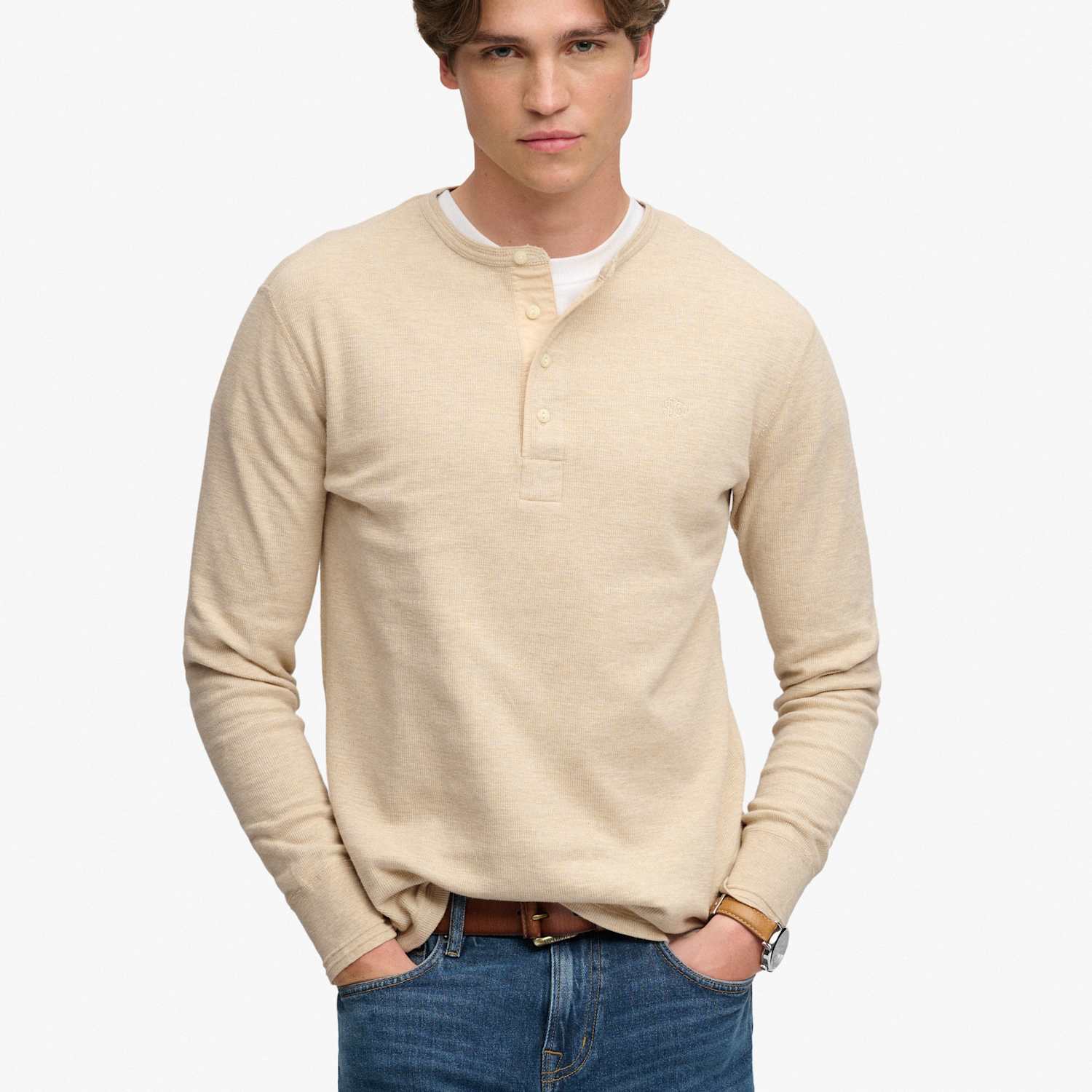 Superdry & Co Men's Pure Cotton Waffle Grandad Collar Top - XL - Beige - Available at M&S