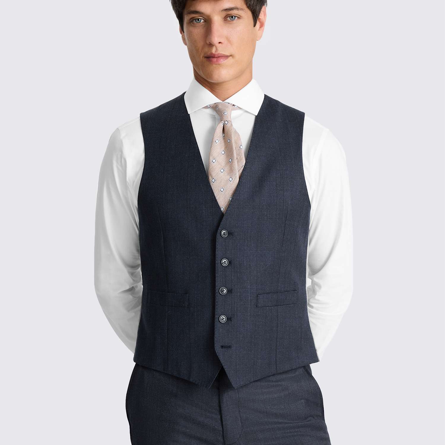 Moss Men's Tailored Wool Rich Performance Check Waistcoat - 42 - Navy Mix - Available at M&S