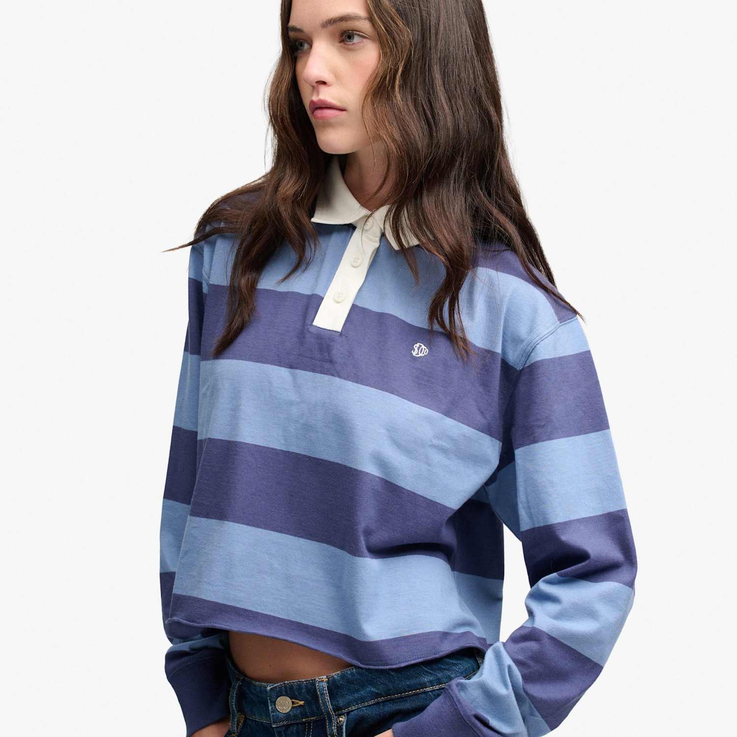 Superdry & Co Women's Pure Cotton Oversized Cropped Rugby Top - 8 - Blue Mix - Available at M&S