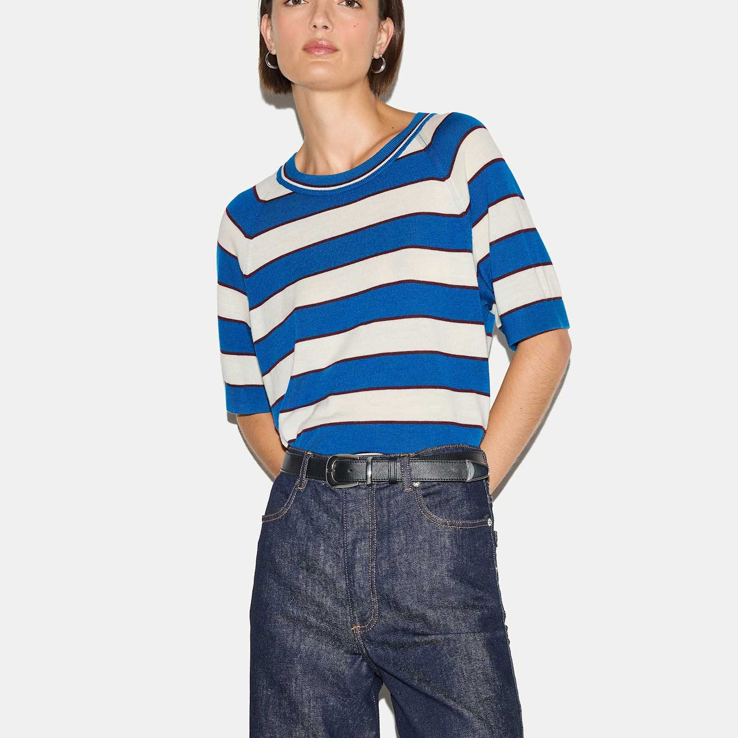 Jigsaw Women's Pure Merino Wool Striped Relaxed Knitted T-Shirt - Small - Blue Mix - Available at M&S