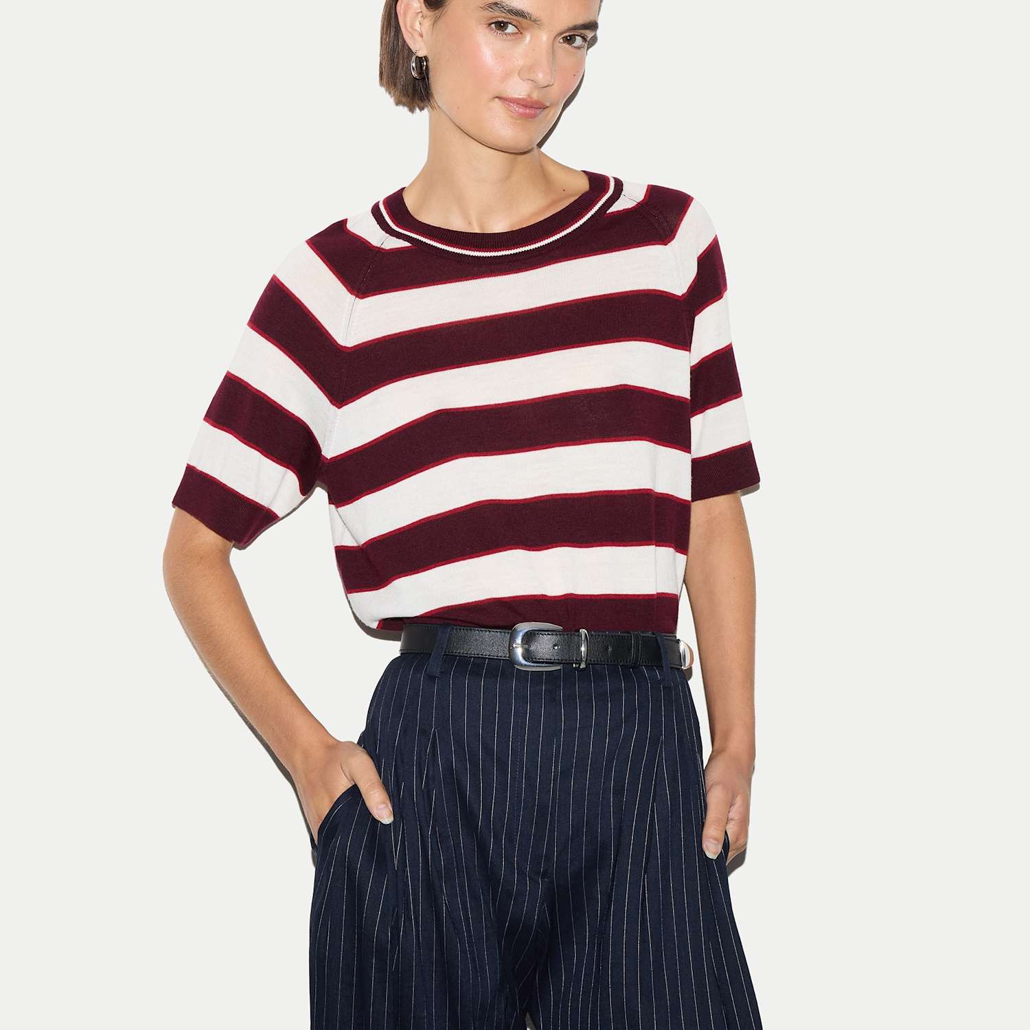 Jigsaw Women's Pure Merino Wool Striped Relaxed Knitted T-Shirt - Extra Small - Burgundy Mix - Available at M&S