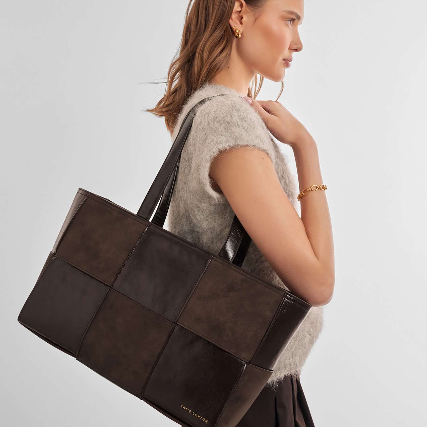 Katie Loxton Women's Faux Suede Faux Leather Woven Tote Bag - Chocolate - Available at M&S