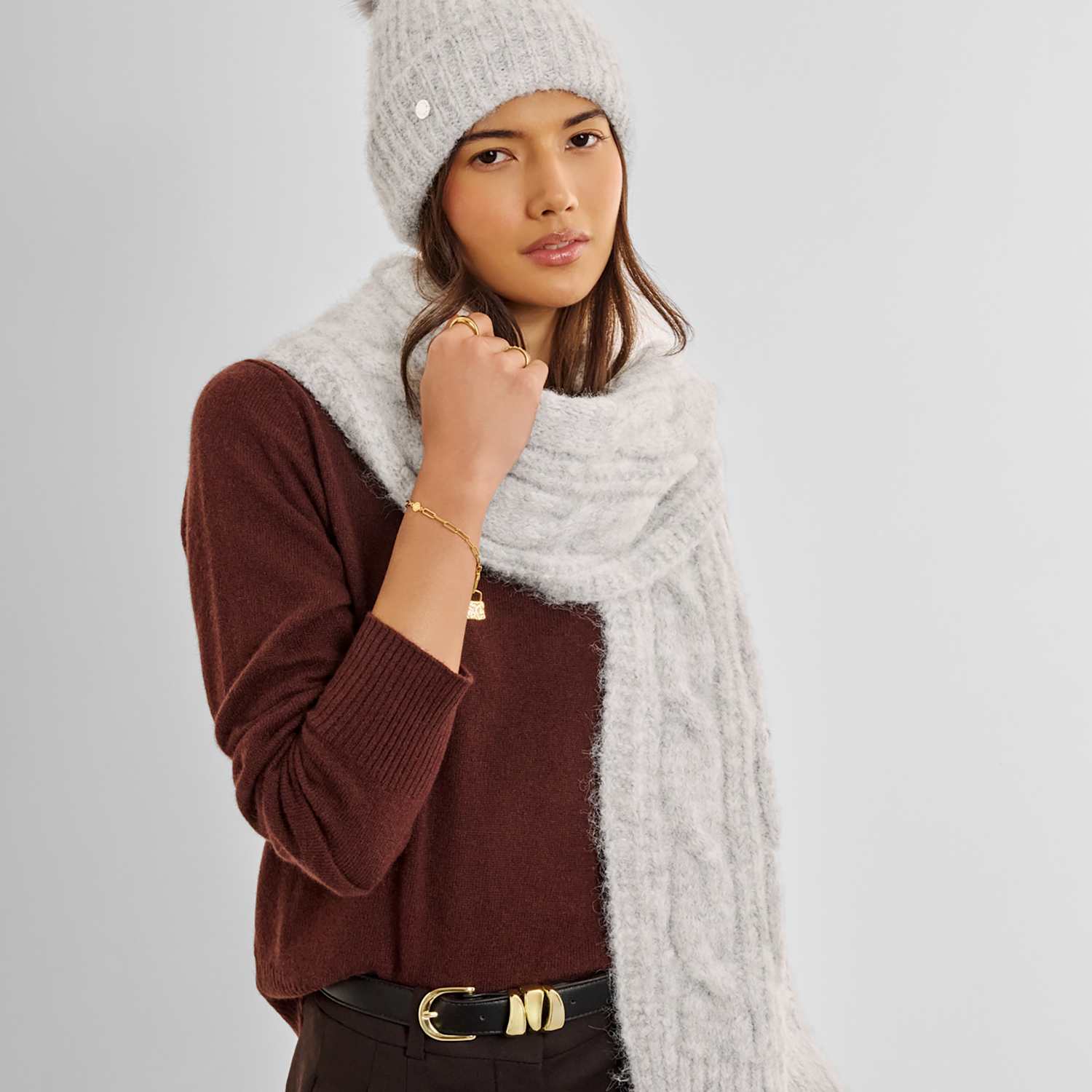 Katie Loxton Women's Cable Knit Scarf with Wool - Light Grey - Available at M&S