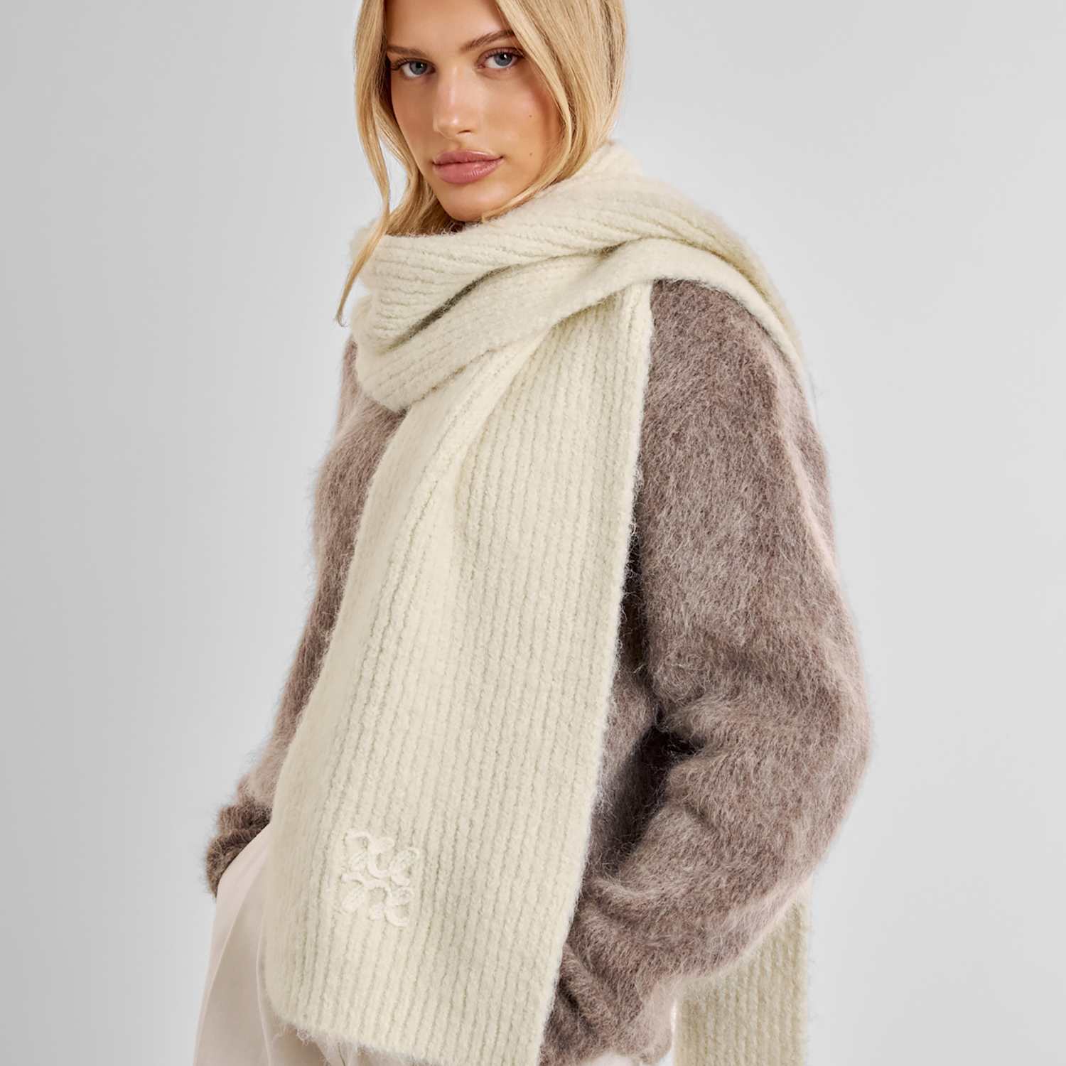 Katie Loxton Women's Ribbed Knit Logo Appliqué Scarf with Wool - White Mix - Available at M&S
