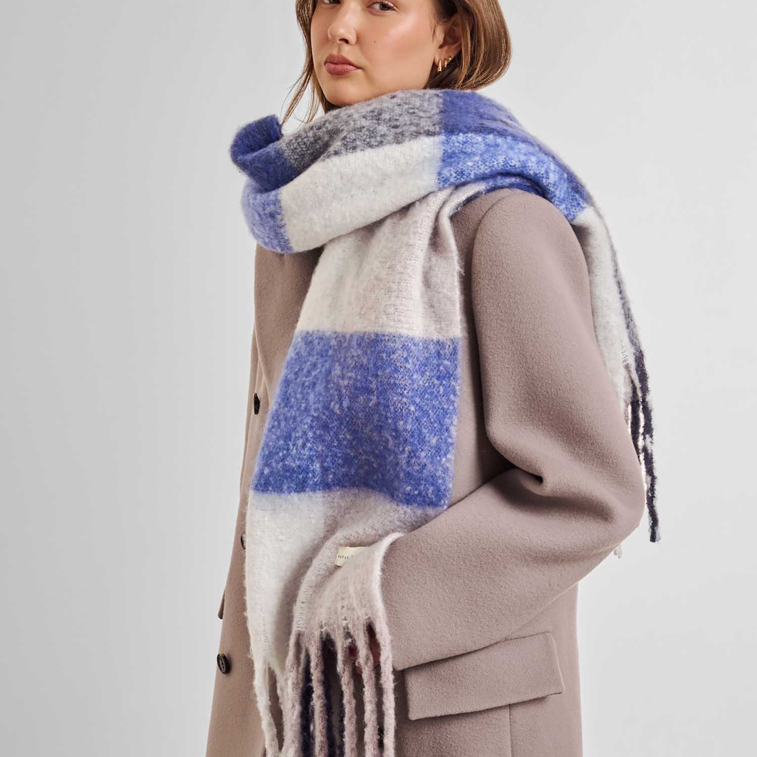 Katie Loxton Women's Brushed Checked Tassel Scarf - Blue Mix - Available at M&S