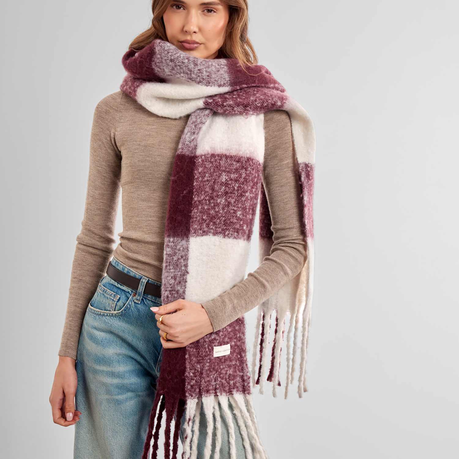 Katie Loxton Women's Brushed Checked Tassel Scarf - White Mix - Available at M&S