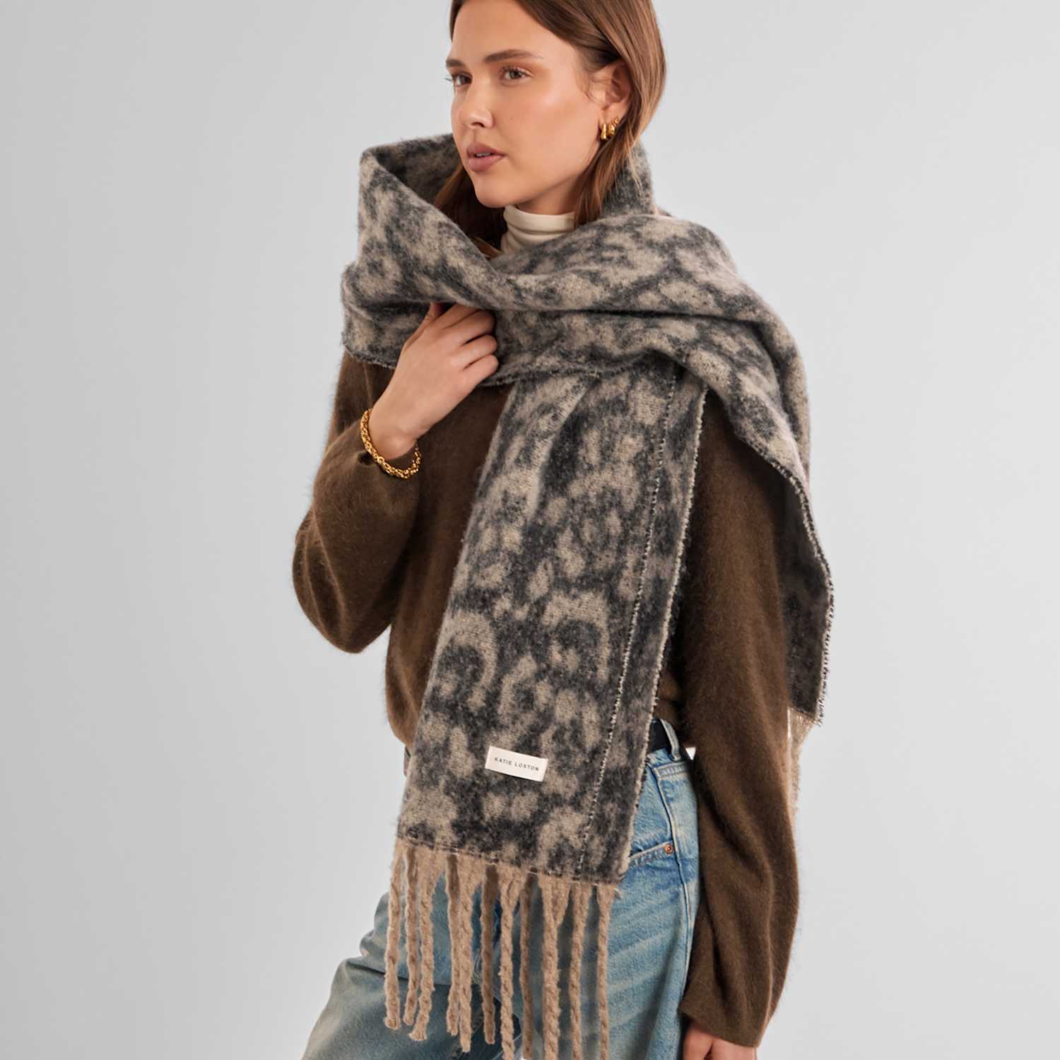 Katie Loxton Women's Brushed Animal Print Tassel Scarf - Brown Mix - Available at M&S
