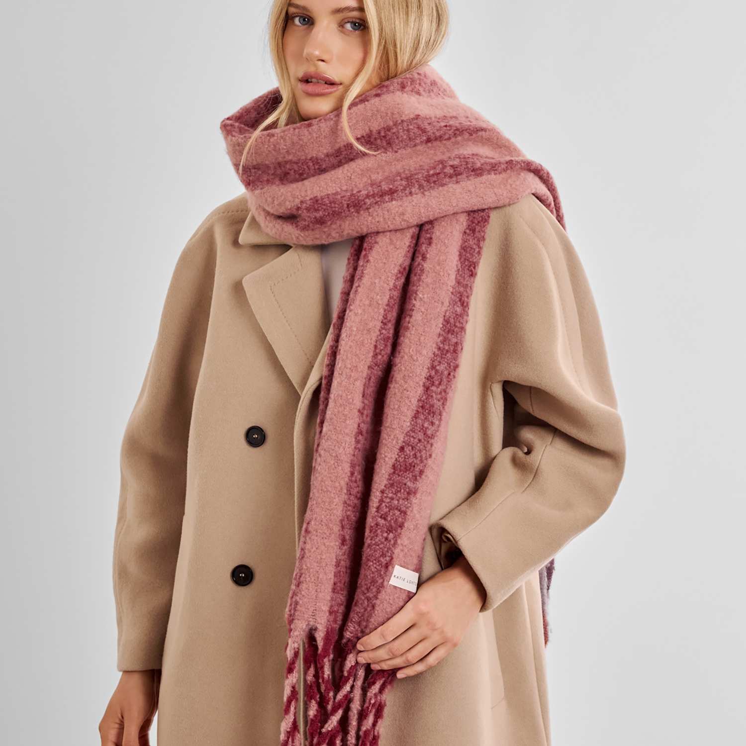 Katie Loxton Women's Brushed Striped Tassel Scarf - Pink Mix - Available at M&S