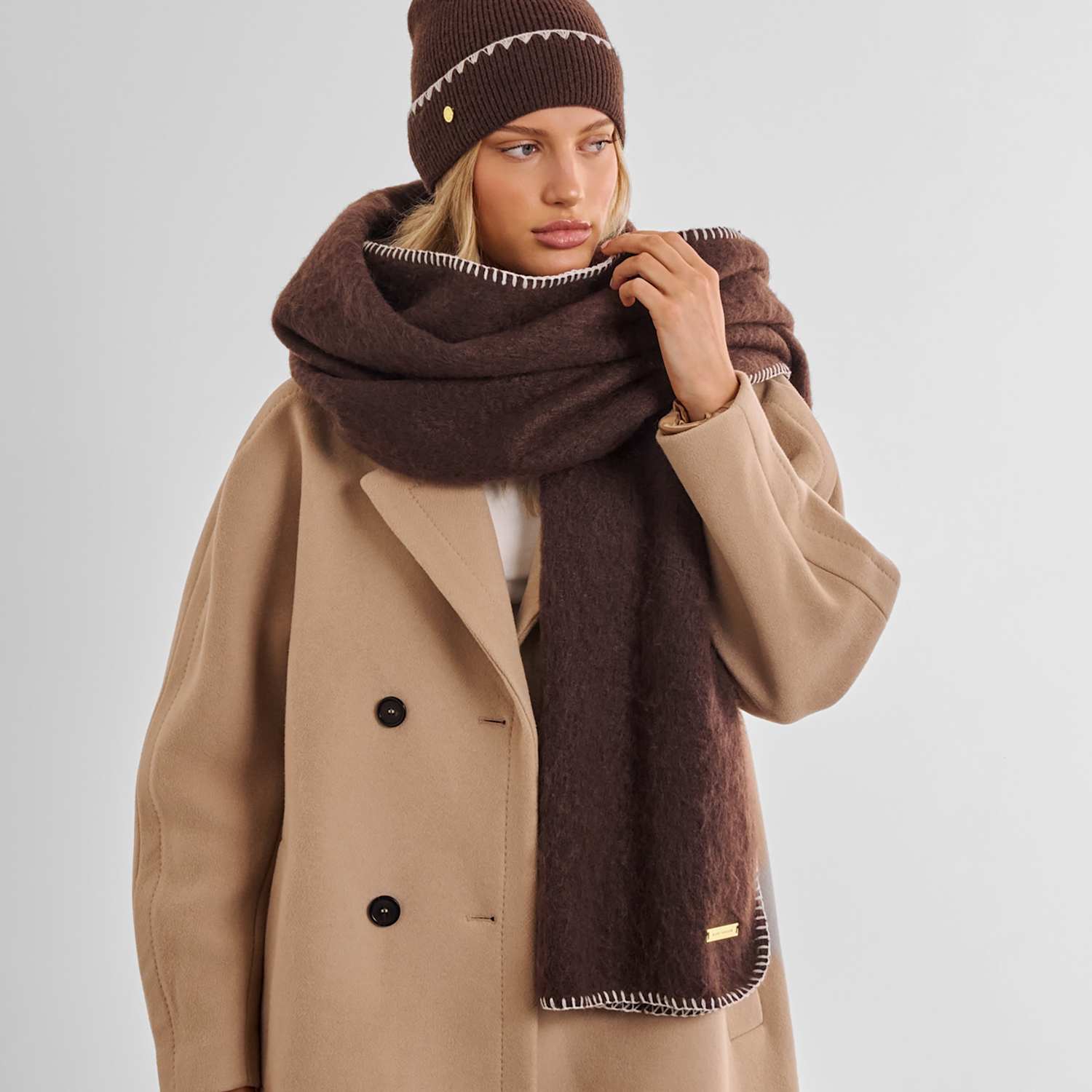 Katie Loxton Women's Brushed Whipstitch Scarf - Chocolate - Available at M&S