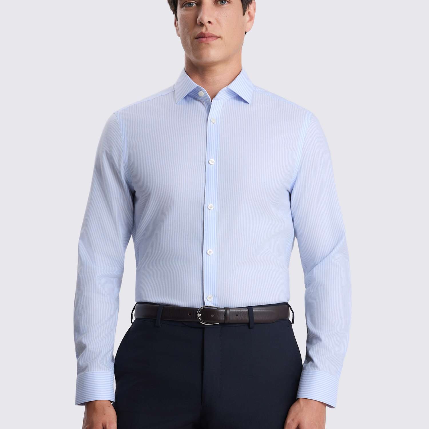 Moss Men's Slim Fit Non Iron Pure Cotton Striped Shirt - 14 - Light Blue Mix - Available at M&S
