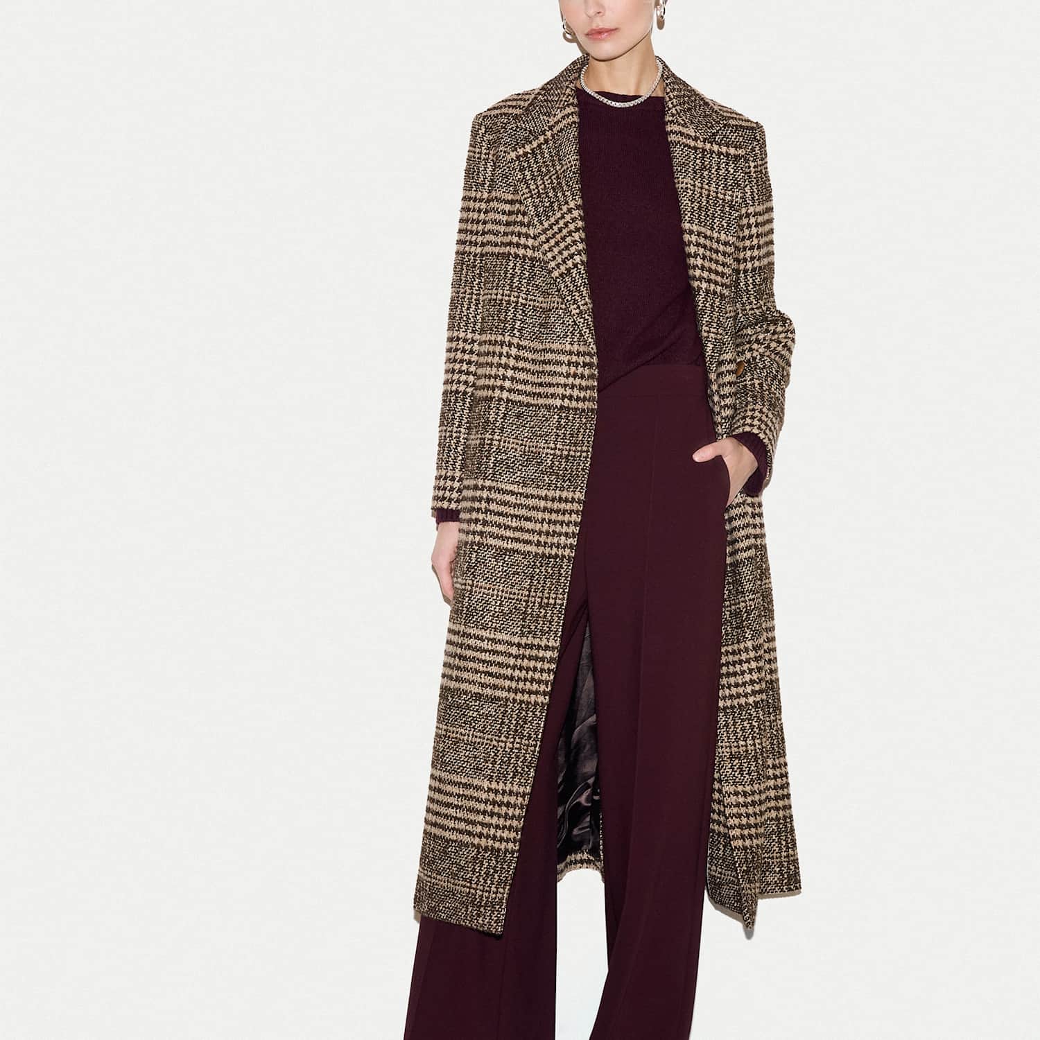 Jigsaw Women's Wool Blend Checked Longline Coat - 12 - Brown Mix - Available at M&S