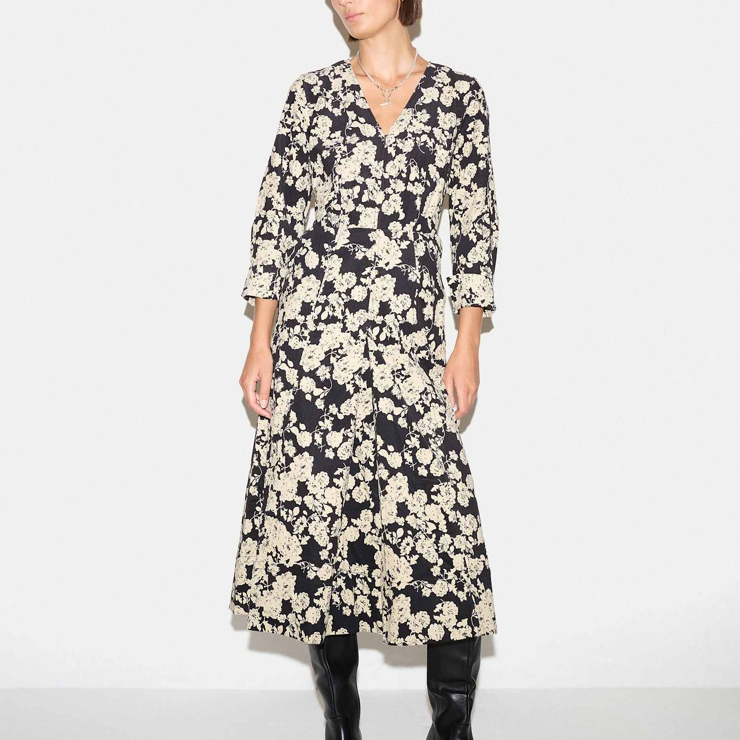 Jigsaw Women's Cord Floral V Neck Pleated Midi Dress - 12 - White Mix - Available at M&S