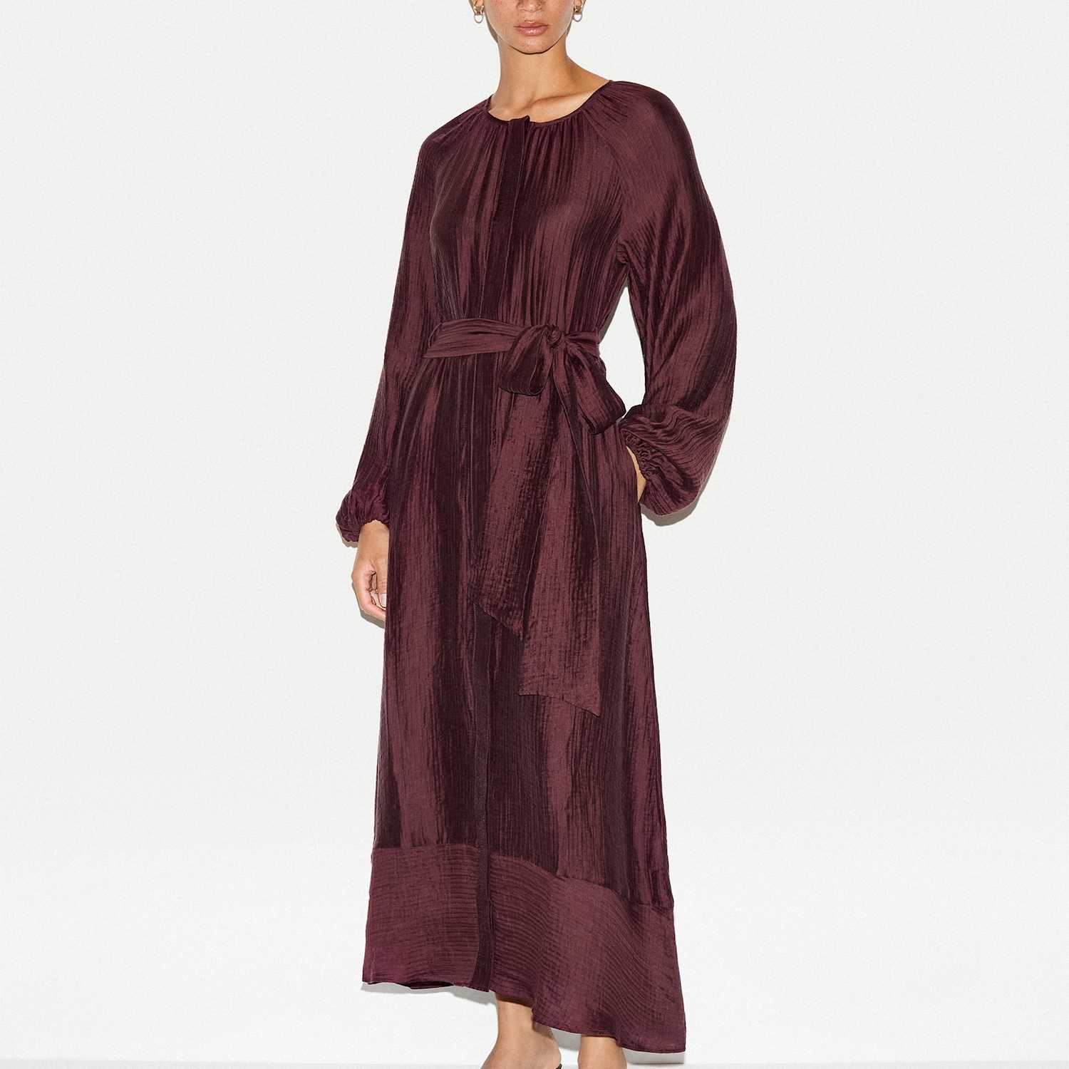 Jigsaw Women's Textured Round Neck Tie Waist Midi Shift Dress - 12 - Burgundy - Available at M&S