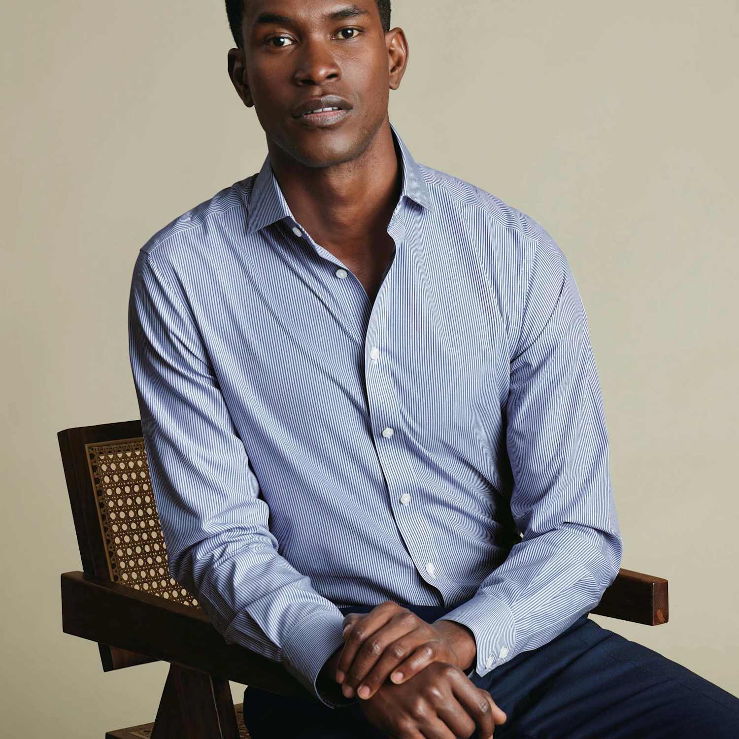 Charles Tyrwhitt Men's Tailored Fit Non Iron Pure Cotton Striped Shirt - 16½/35in - Navy Mix - Available at M&S