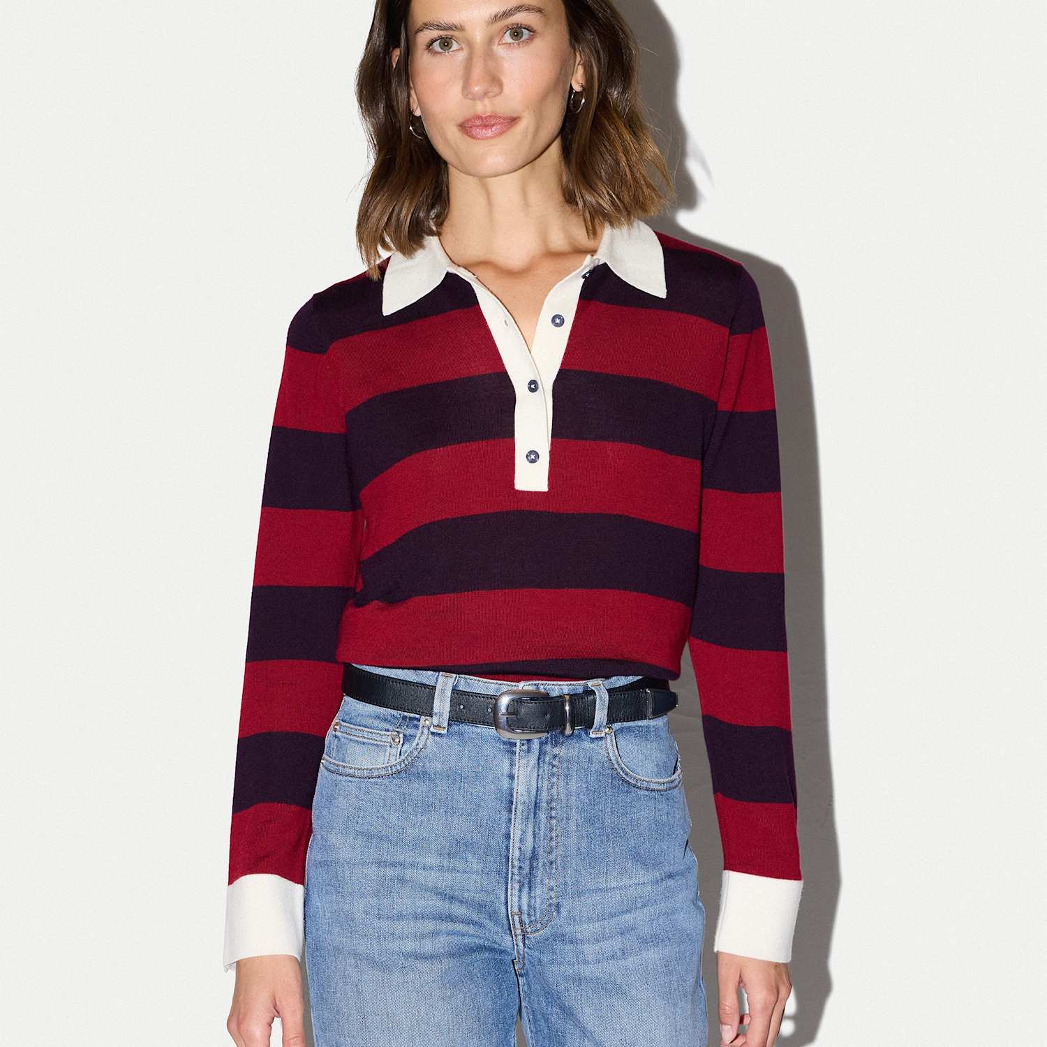 Jigsaw Women's Pure Merino Wool Striped Polo Neck Jumper - Large - Red Mix - Available at M&S
