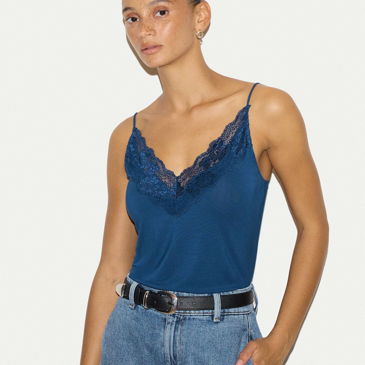 Jigsaw Women's Modal Rich V Neck Lace Insert Cami Top - Small - Dark Navy - Available at M&S