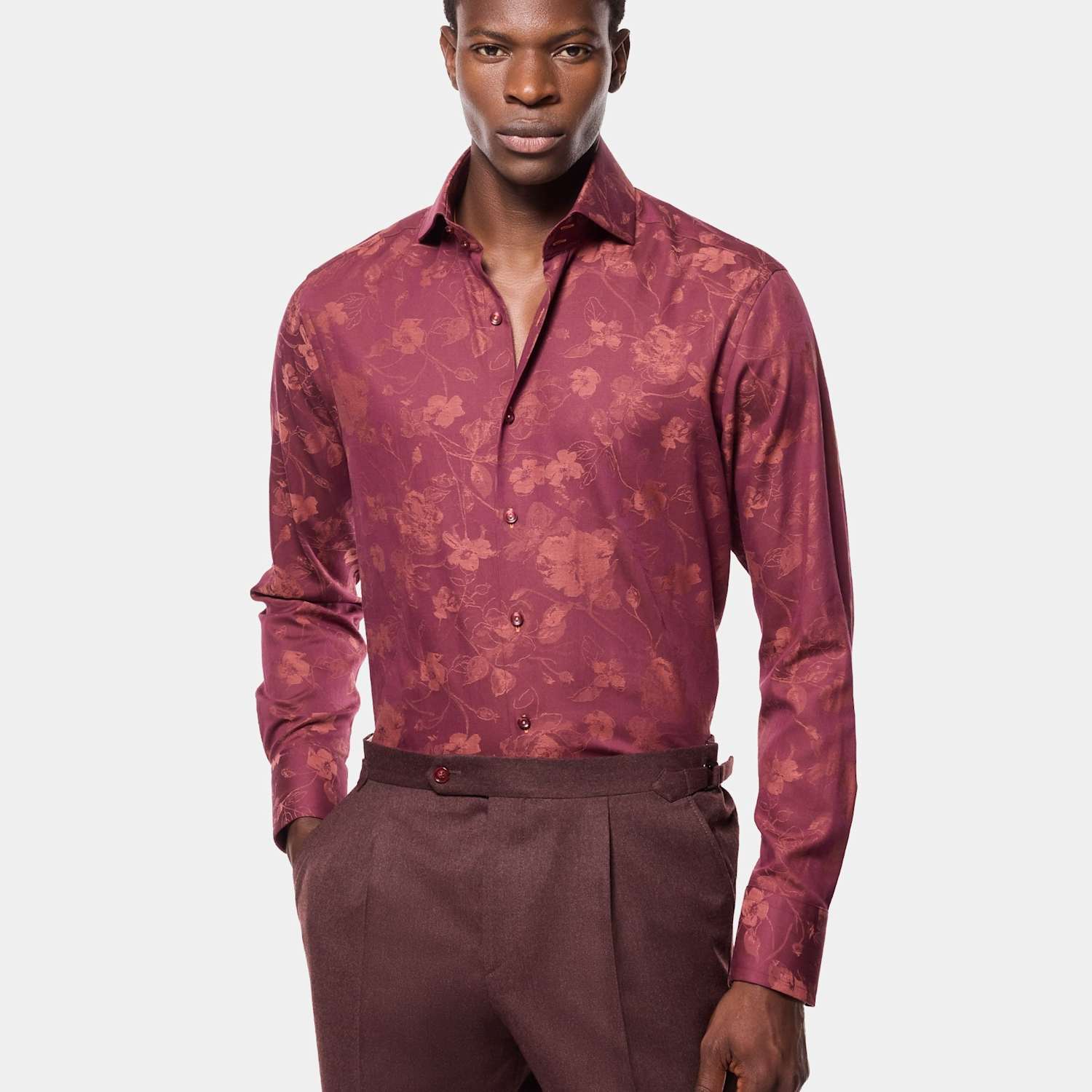 Hawes & Curtis Men's Slim Fit Pure Cotton Floral Dress Shirt - XS - Burgundy - Available at M&S