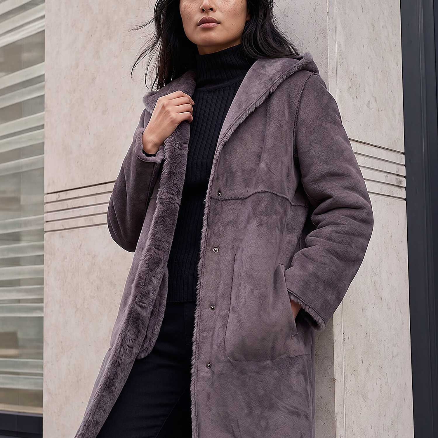 Roman Women's Petite Faux Sheepskin Reversible Hooded Coat - 14 - Taupe - Available at M&S
